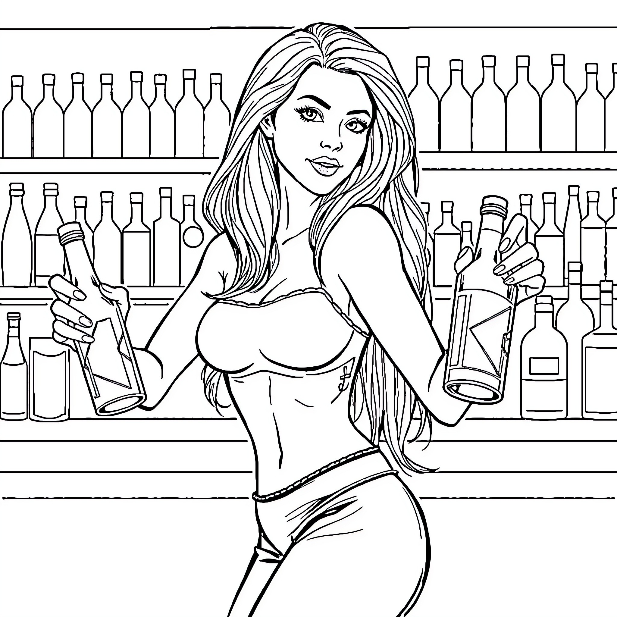 Bartender standing confidently behind bar counter Coloring Page (free black-and-white line drawing printable PDF for all, from beginners to advanced learners, including children, teens, adults, and seniors)