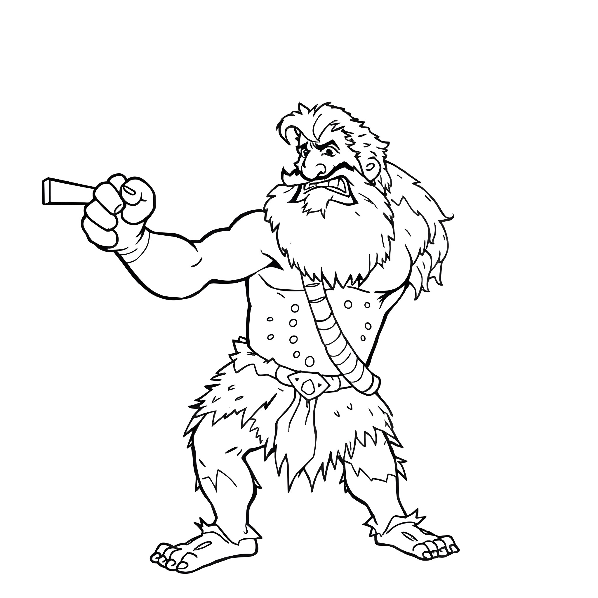 Captain Caveman Wielding a Club in Action Pose Coloring Page (free black-and-white line drawing printable PDF for all, from beginners to advanced learners, including children, teens, adults, and seniors)