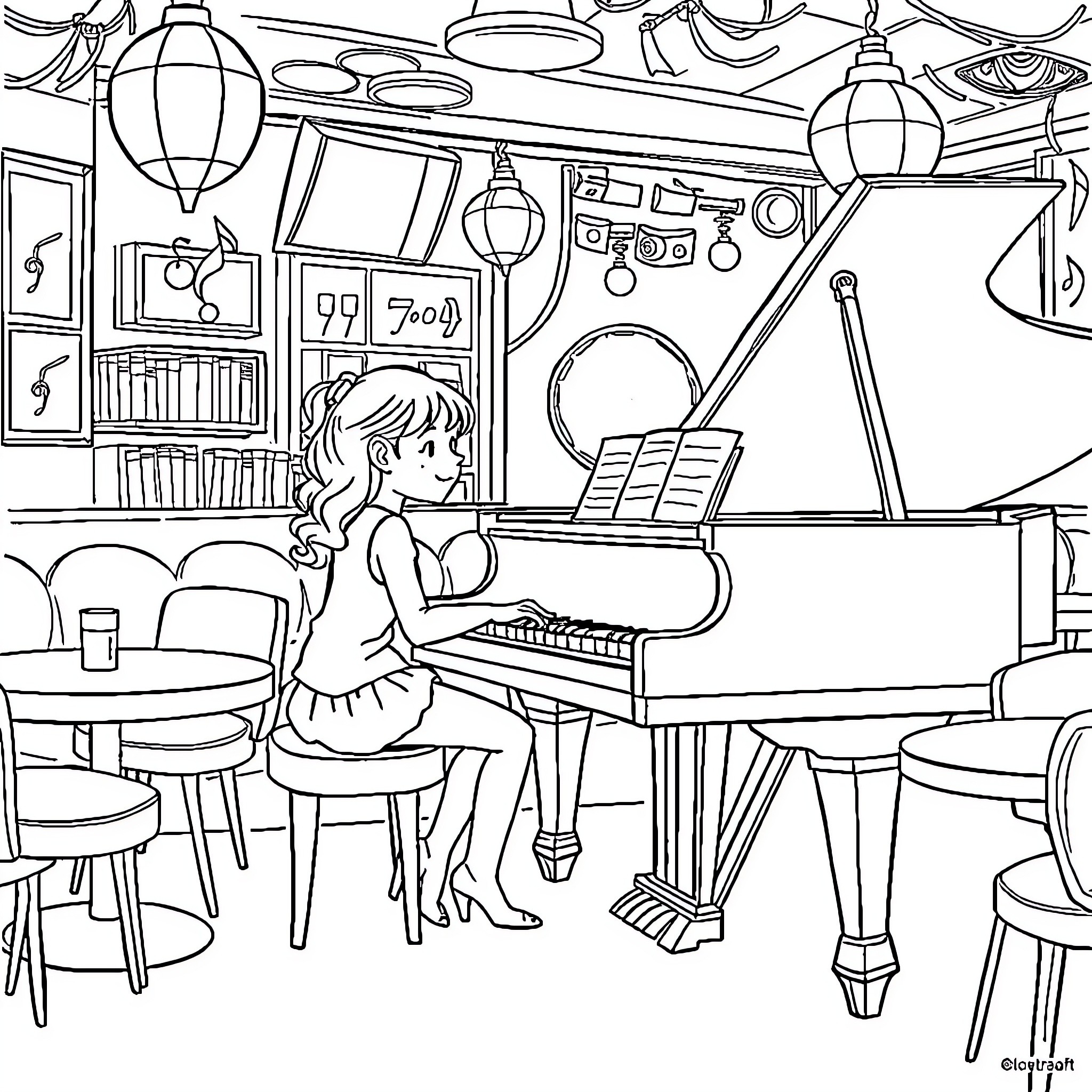 Girl Playing Piano in Artistic Room Coloring Page (free black-and-white line drawing printable PDF for all, from beginners to advanced learners, including children, teens, adults, and seniors)