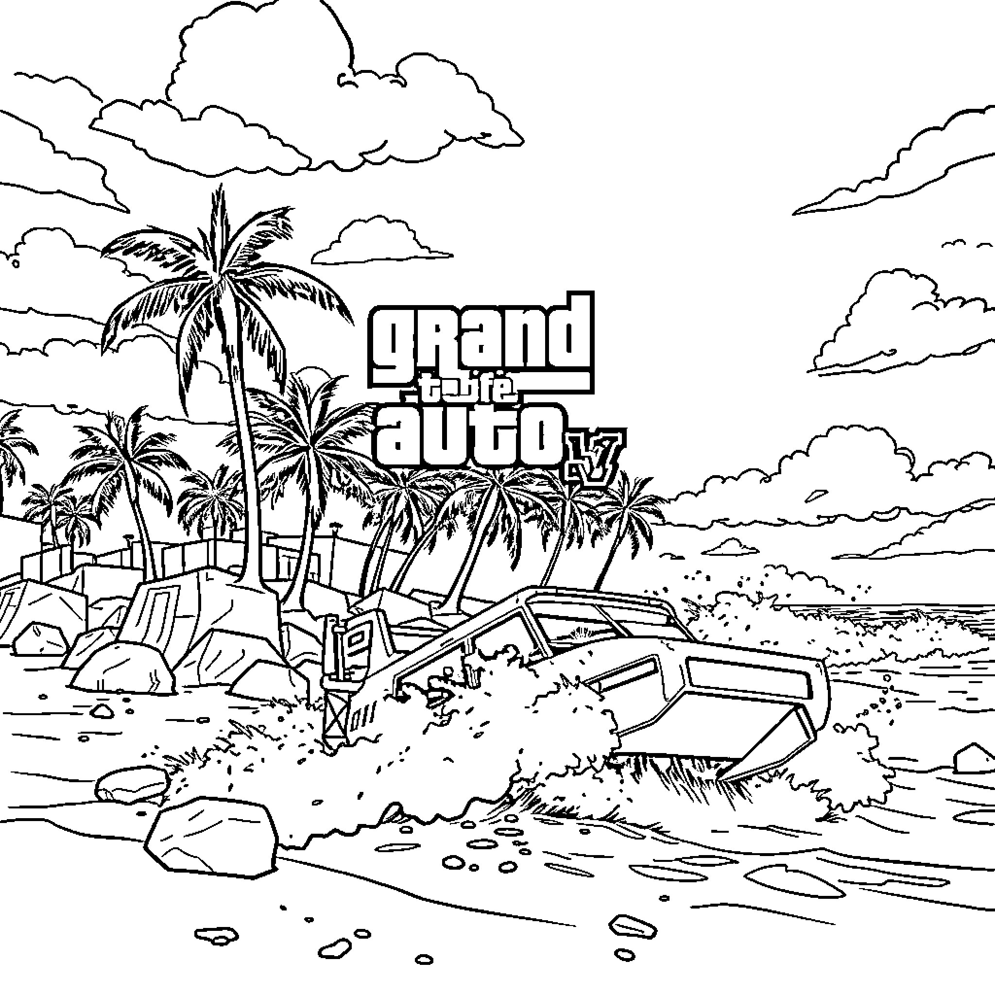 Grand Theft Auto: Beach Mayhem with Wrecked Vehicles Coloring Page (free black-and-white line drawing printable PDF for all, from beginners to advanced learners, including children, teens, adults, and seniors)