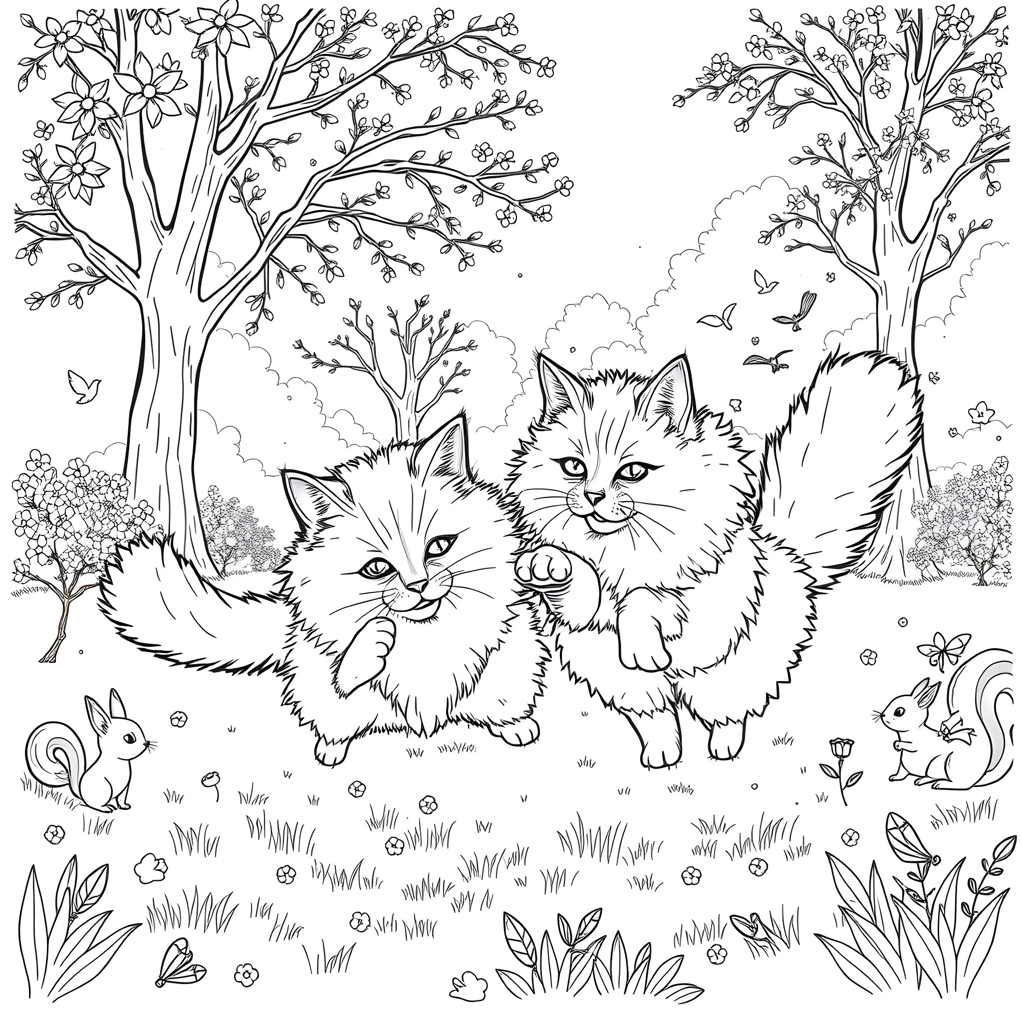 Ragdoll Cats Playing in the Forest Coloring Page (free black-and-white line drawing printable PDF for all, from beginners to advanced learners, including children, teens, adults, and seniors)