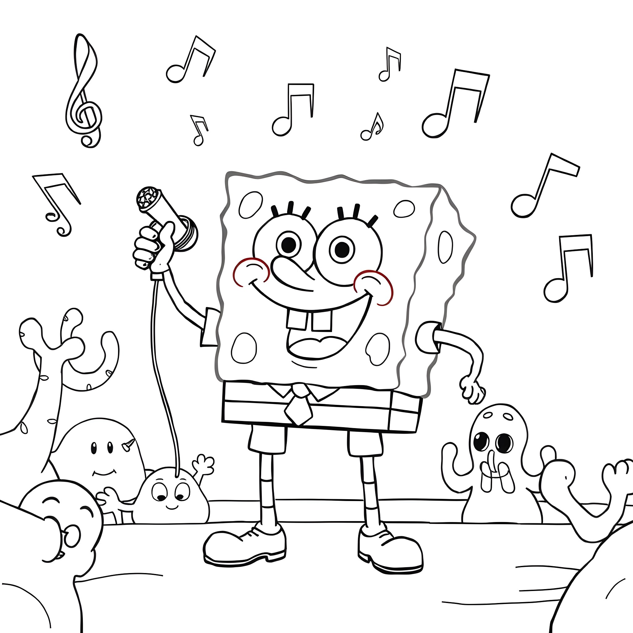 Spongebob singing and dancing with musical notes Coloring Page (free black-and-white line drawing printable PDF for all, from beginners to advanced learners, including children, teens, adults, and seniors)