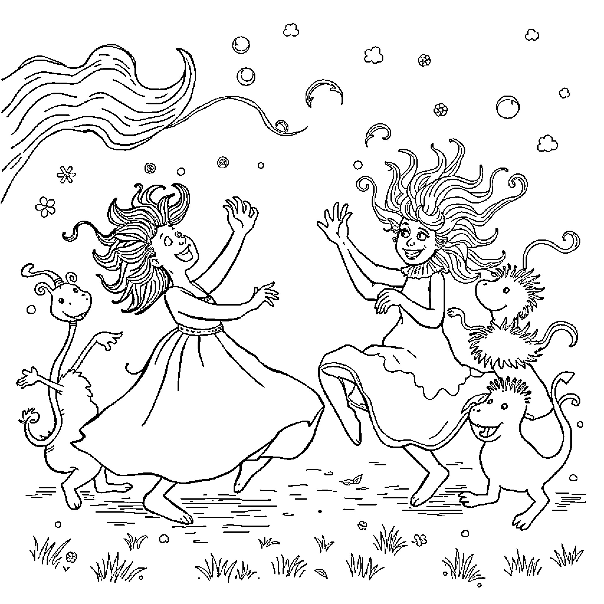 Wild Thing: Fantastical Creatures and Playful Dance Coloring Page (free black-and-white line drawing printable PDF for all, from beginners to advanced learners, including children, teens, adults, and seniors)