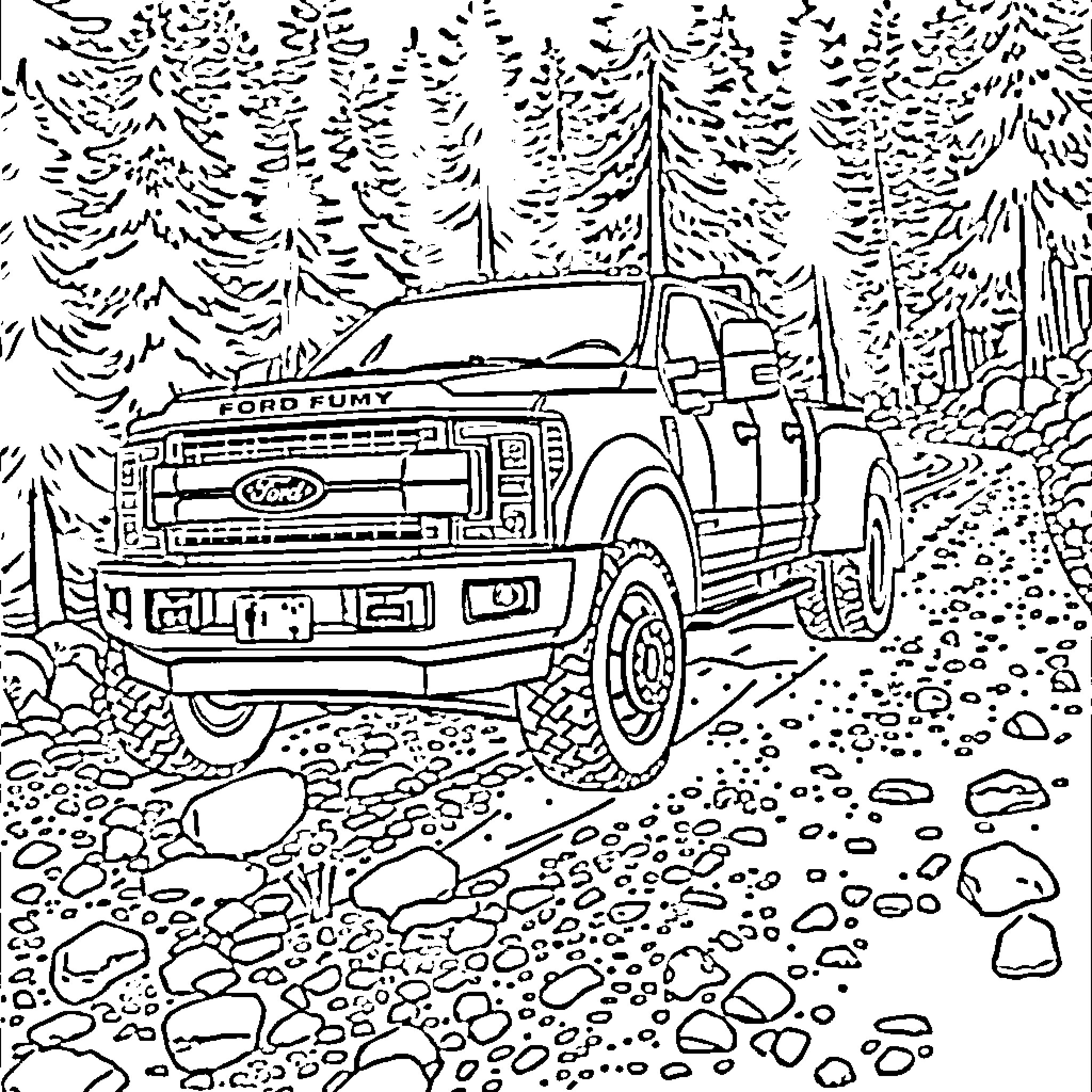 Ford Truck in Snowy Woodland Landscape Coloring Page (free black-and-white line drawing printable PDF for all, from beginners to advanced learners, including children, teens, adults, and seniors)