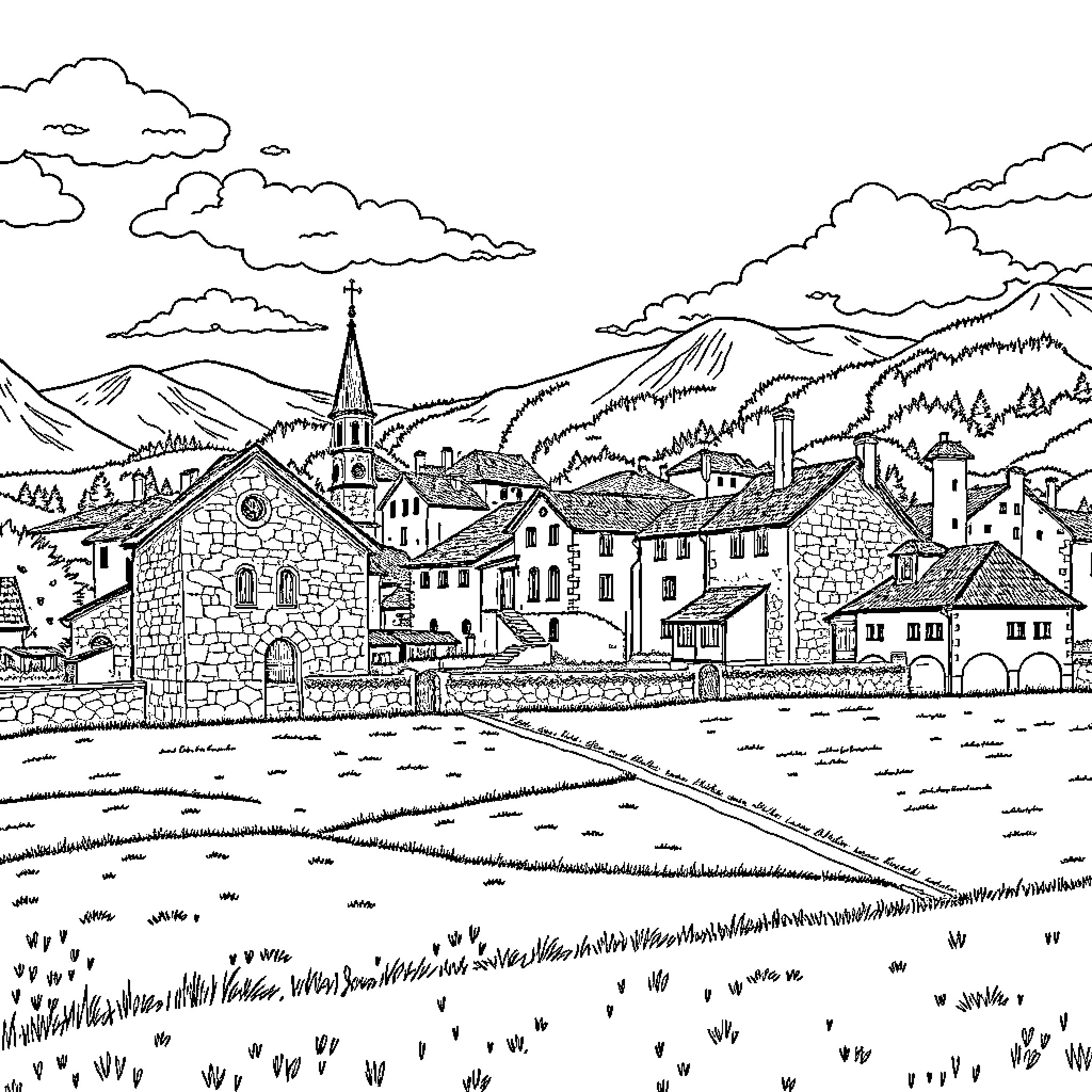 Sveti Jovan: Picturesque village nestled in the mountains Coloring Page (free black-and-white line drawing printable PDF for all, from beginners to advanced learners, including children, teens, adults, and seniors)