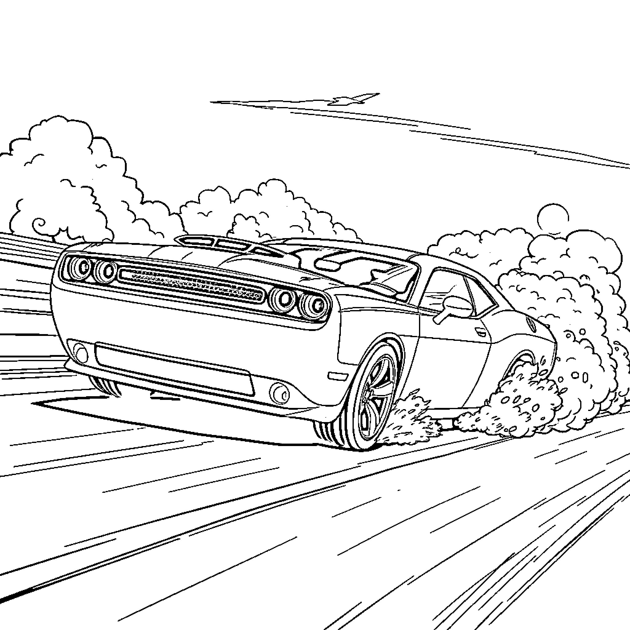 Dodge Challenger racing at high speed Coloring Page (free black-and-white line drawing printable PDF for all, from beginners to advanced learners, including children, teens, adults, and seniors)