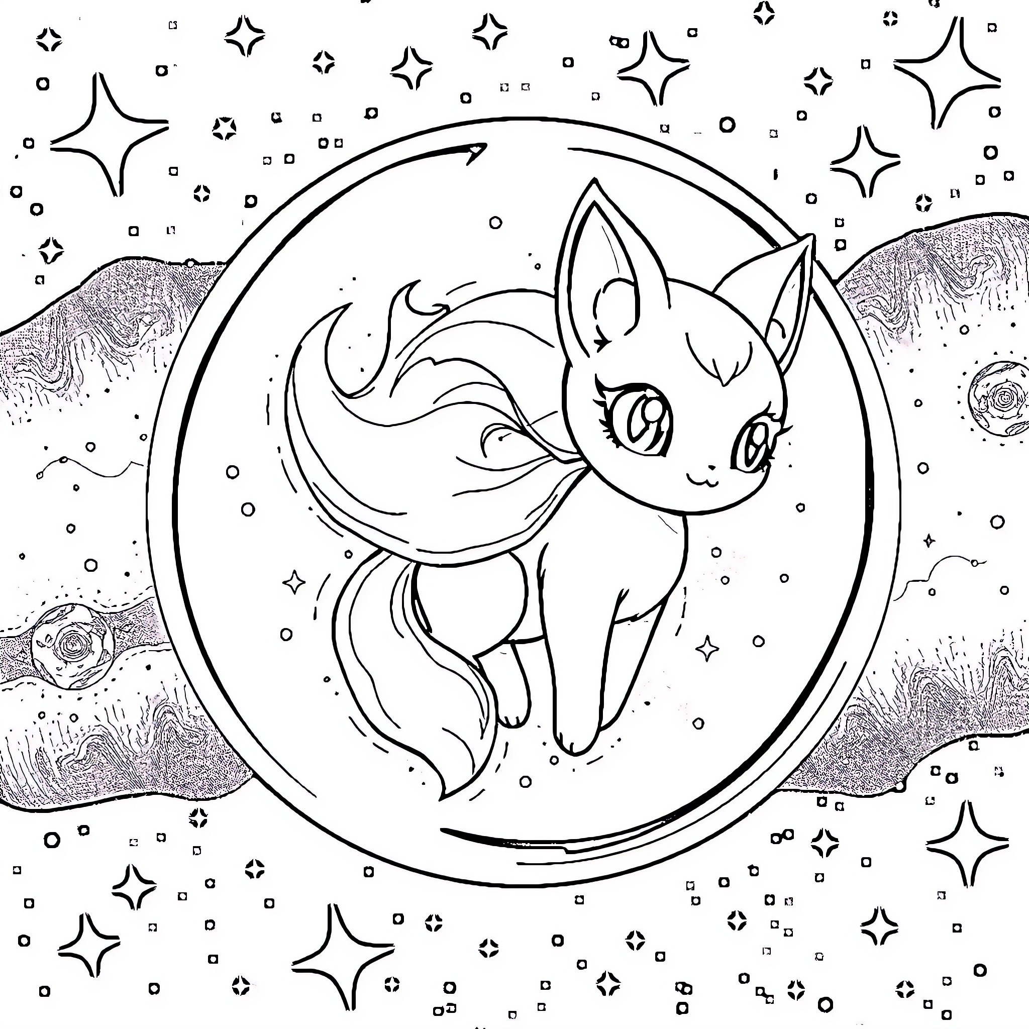 Espeon playing in the starry night Coloring Page (free black-and-white line drawing printable PDF for all, from beginners to advanced learners, including children, teens, adults, and seniors)