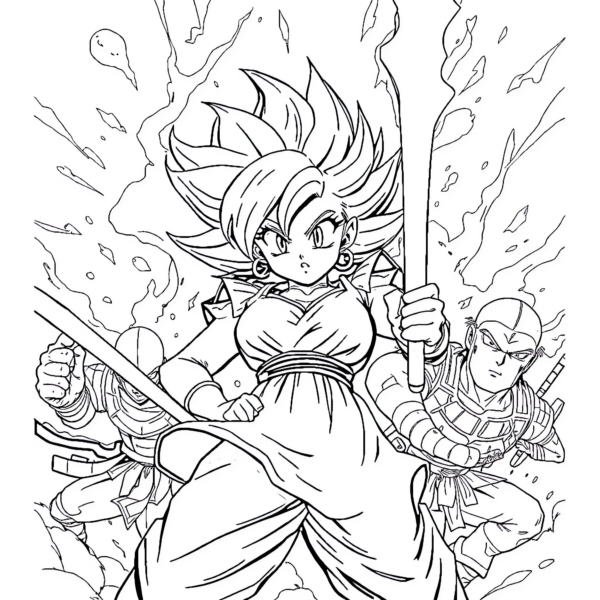 Bulma's Explosive Battle Stance Coloring Page (free black-and-white line drawing printable PDF for all, from beginners to advanced learners, including children, teens, adults, and seniors)