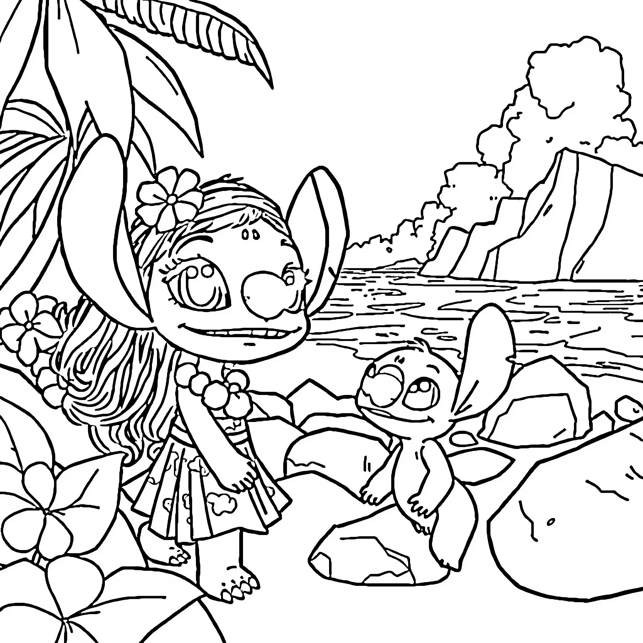 Lilo and Stitch explore tropical island paradise Coloring Page (free black-and-white line drawing printable PDF for all, from beginners to advanced learners, including children, teens, adults, and seniors)
