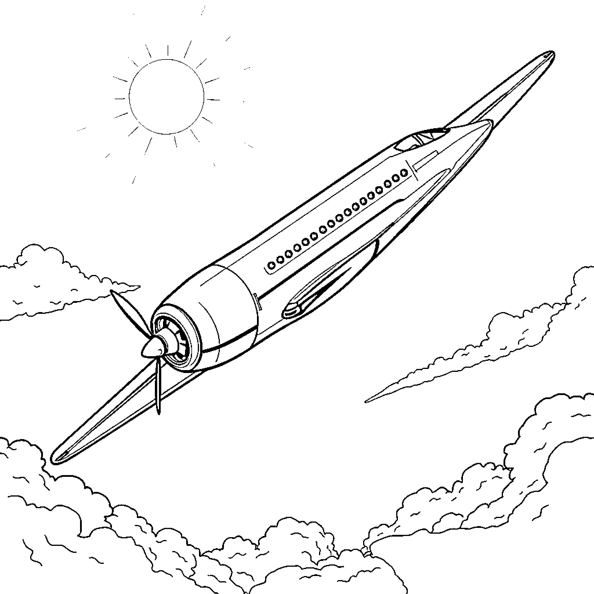 Airplane soaring through the clouds Coloring Page (free black-and-white line drawing printable PDF for all, from beginners to advanced learners, including children, teens, adults, and seniors)