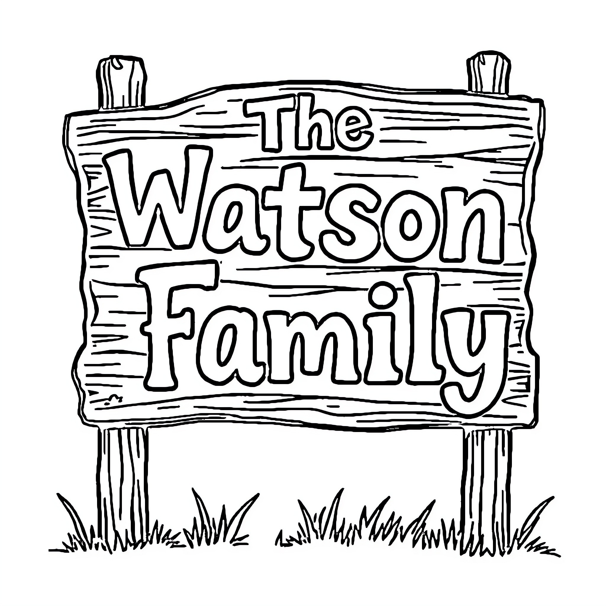 Sign displaying 'The Watson Family' Coloring Page (free black-and-white line drawing printable PDF for all, from beginners to advanced learners, including children, teens, adults, and seniors)