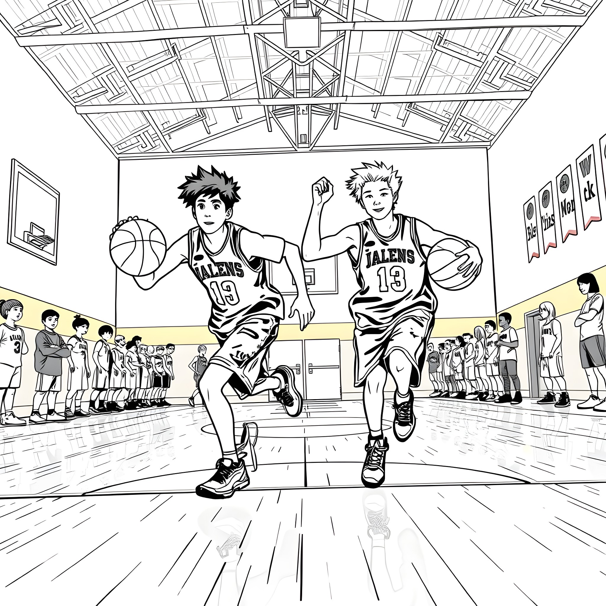 Teen Guys Playing Basketball on Court Coloring Page (free black-and-white line drawing printable PDF for all, from beginners to advanced learners, including children, teens, adults, and seniors)