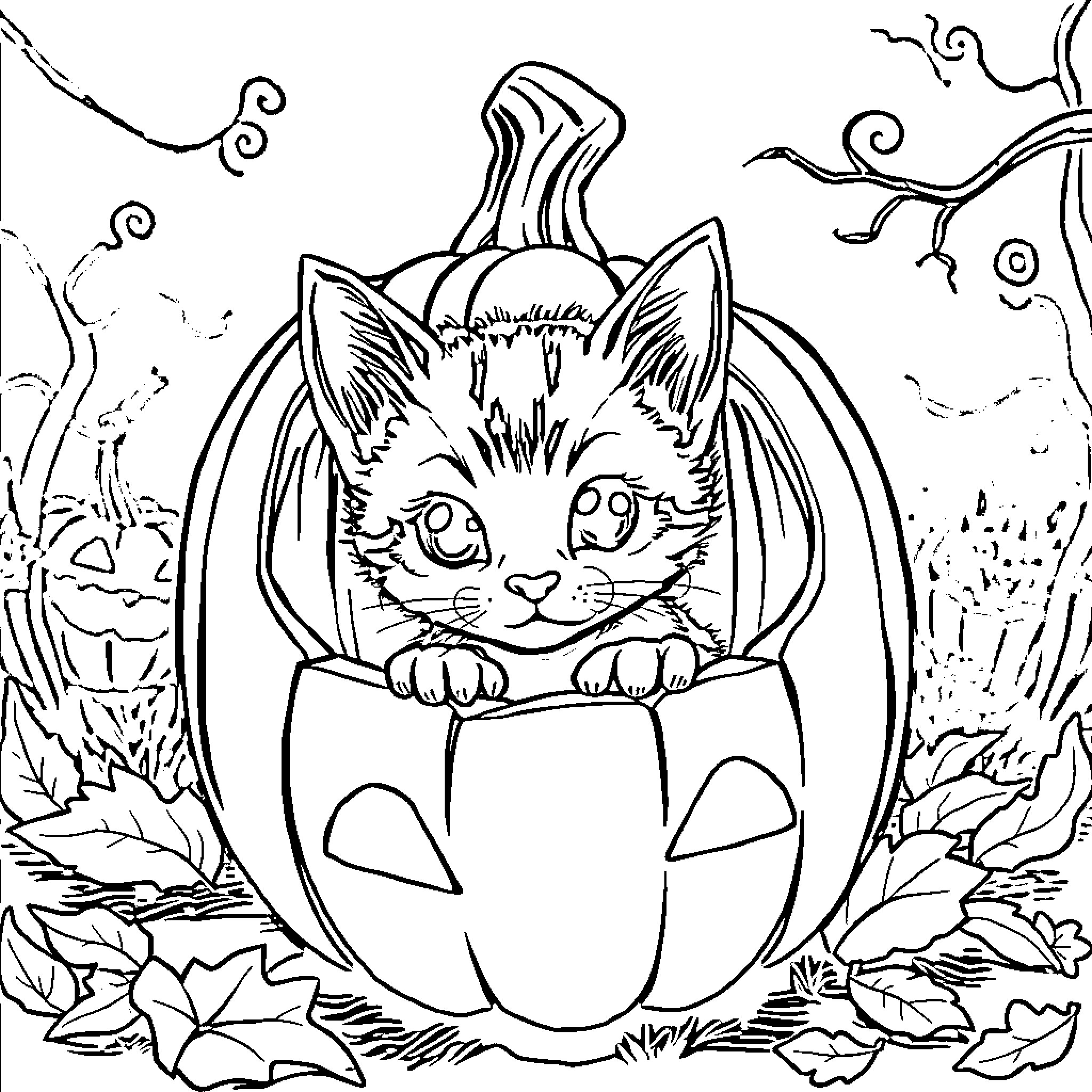 Kitten peering from pumpkin in autumn scene Coloring Page (free black-and-white line drawing printable PDF for all, from beginners to advanced learners, including children, teens, adults, and seniors)
