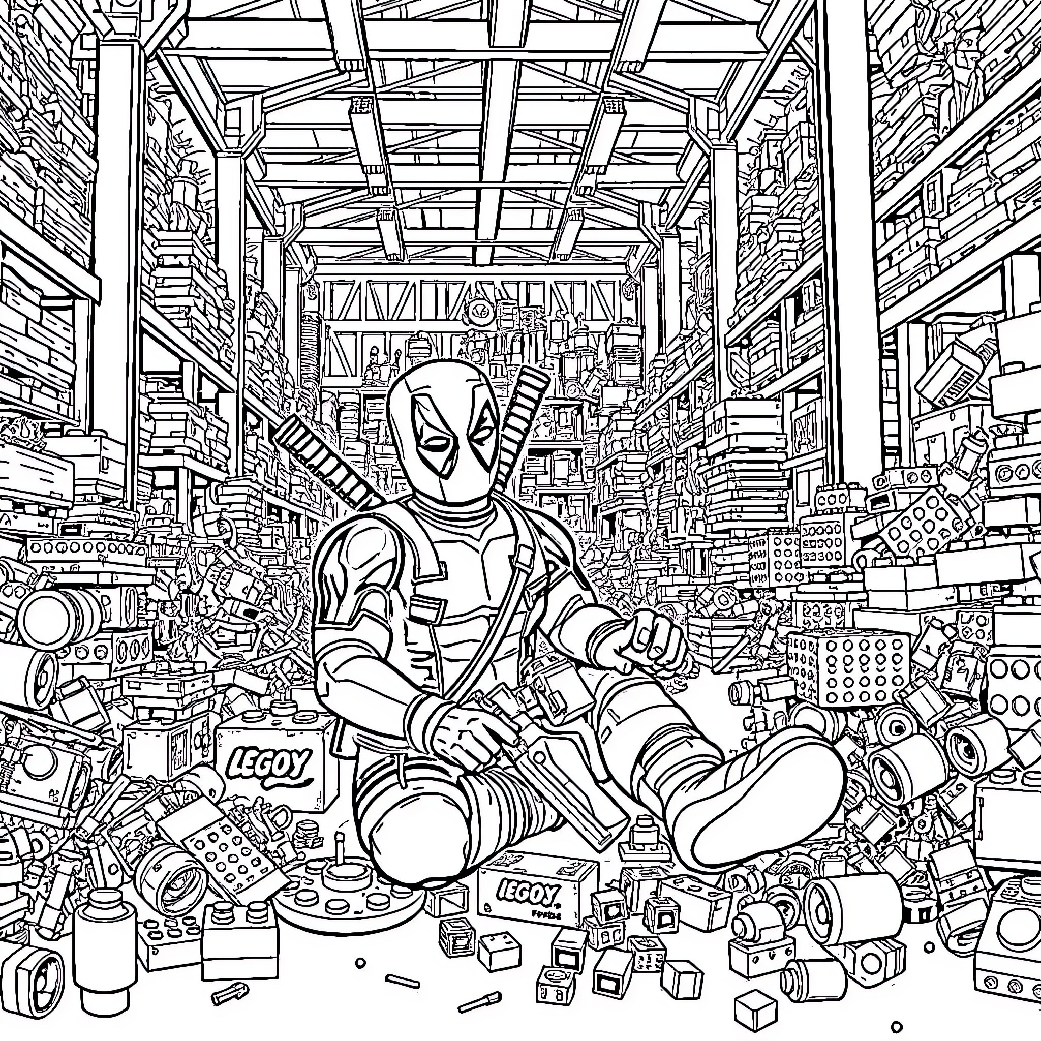 Deadpool's Chaotic Warehouse Adventure Coloring Page (free black-and-white line drawing printable PDF for all, from beginners to advanced learners, including children, teens, adults, and seniors)