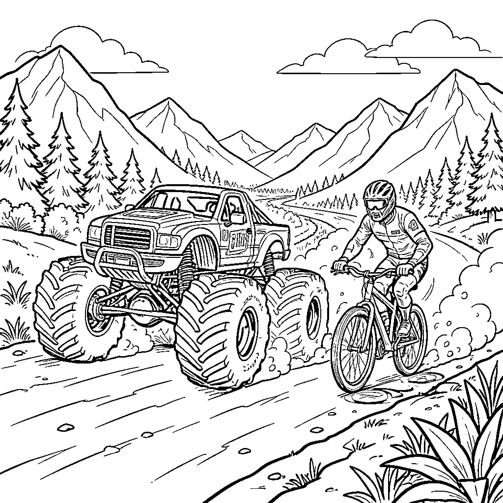 Monster Truck racing alongside a mountain biker Coloring Page (free black-and-white line drawing printable PDF for all, from beginners to advanced learners, including children, teens, adults, and seniors)