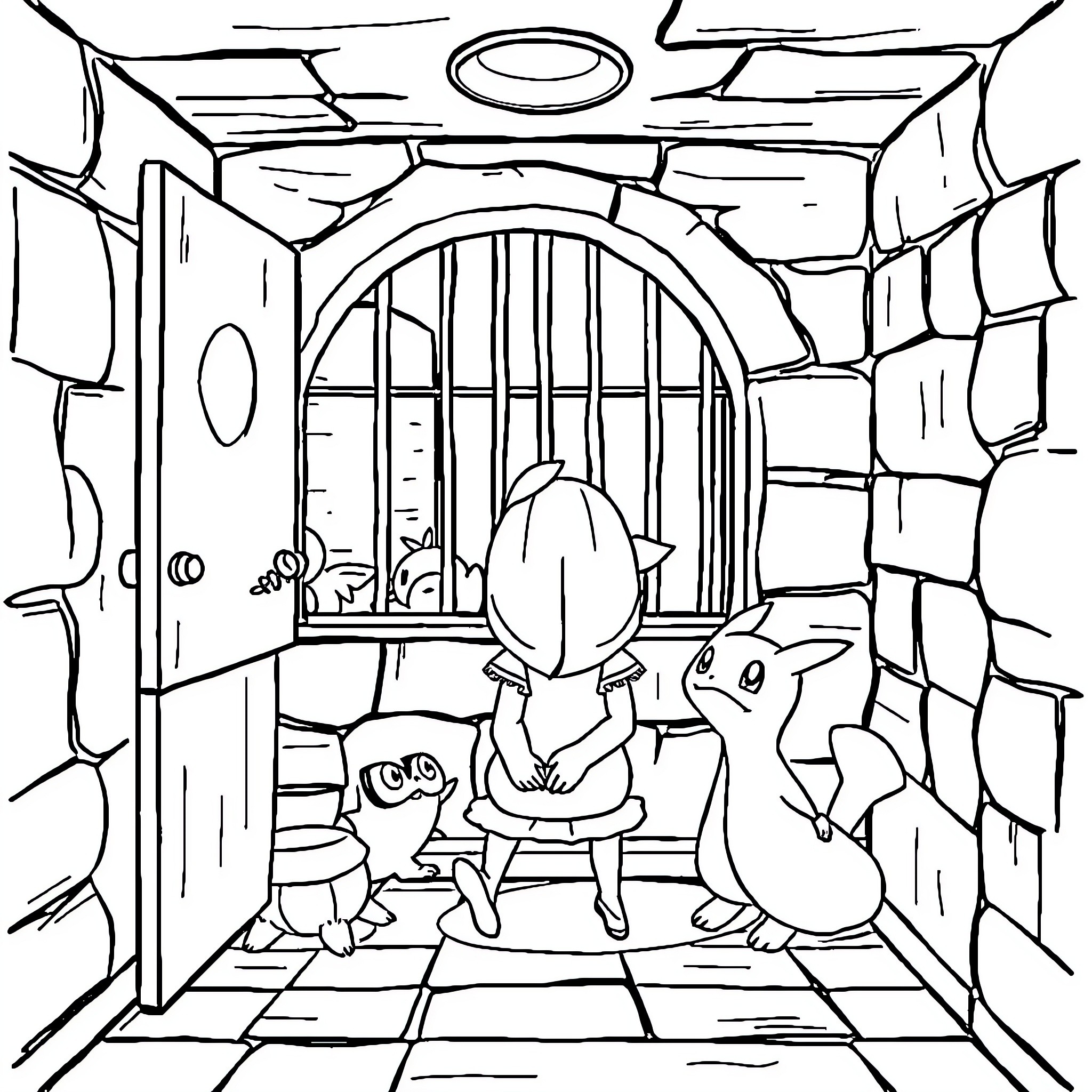 Pokemon Trainer exploring a mysterious dungeon Coloring Page (free black-and-white line drawing printable PDF for all, from beginners to advanced learners, including children, teens, adults, and seniors)