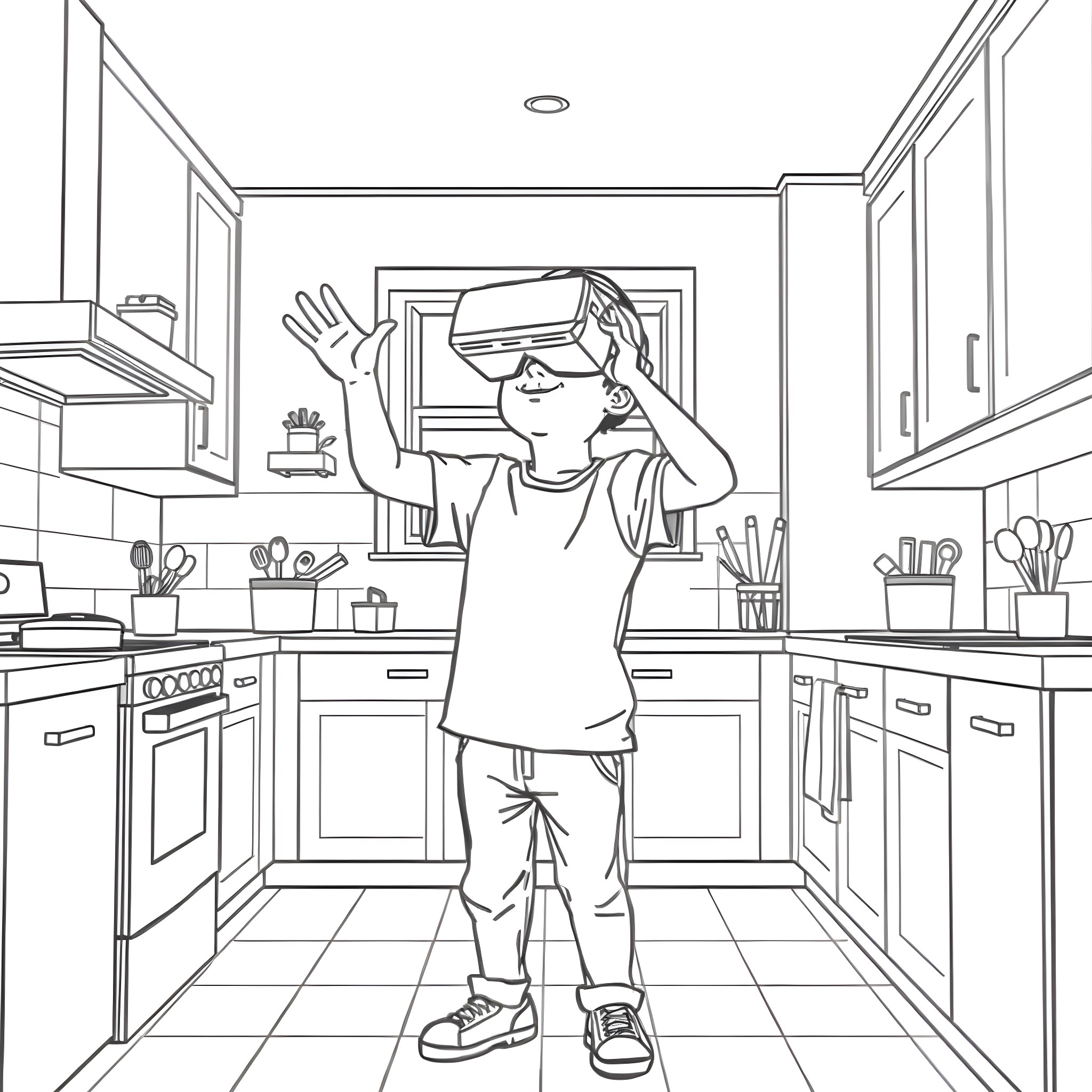Boy exploring virtual reality in kitchen Coloring Page (free black-and-white line drawing printable PDF for all, from beginners to advanced learners, including children, teens, adults, and seniors)