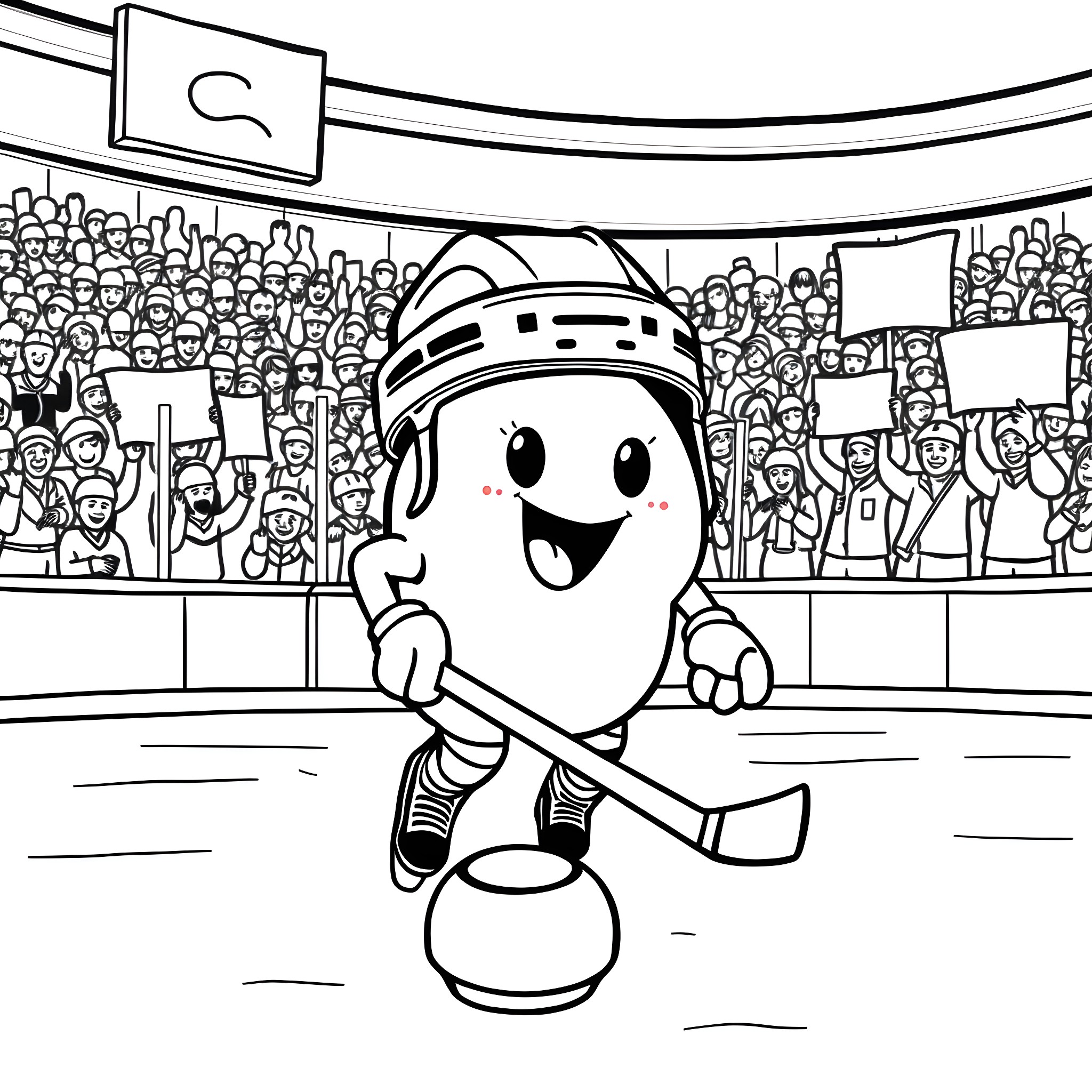 Muffin playing hockey in a crowded stadium Coloring Page (free black-and-white line drawing printable PDF for all, from beginners to advanced learners, including children, teens, adults, and seniors)