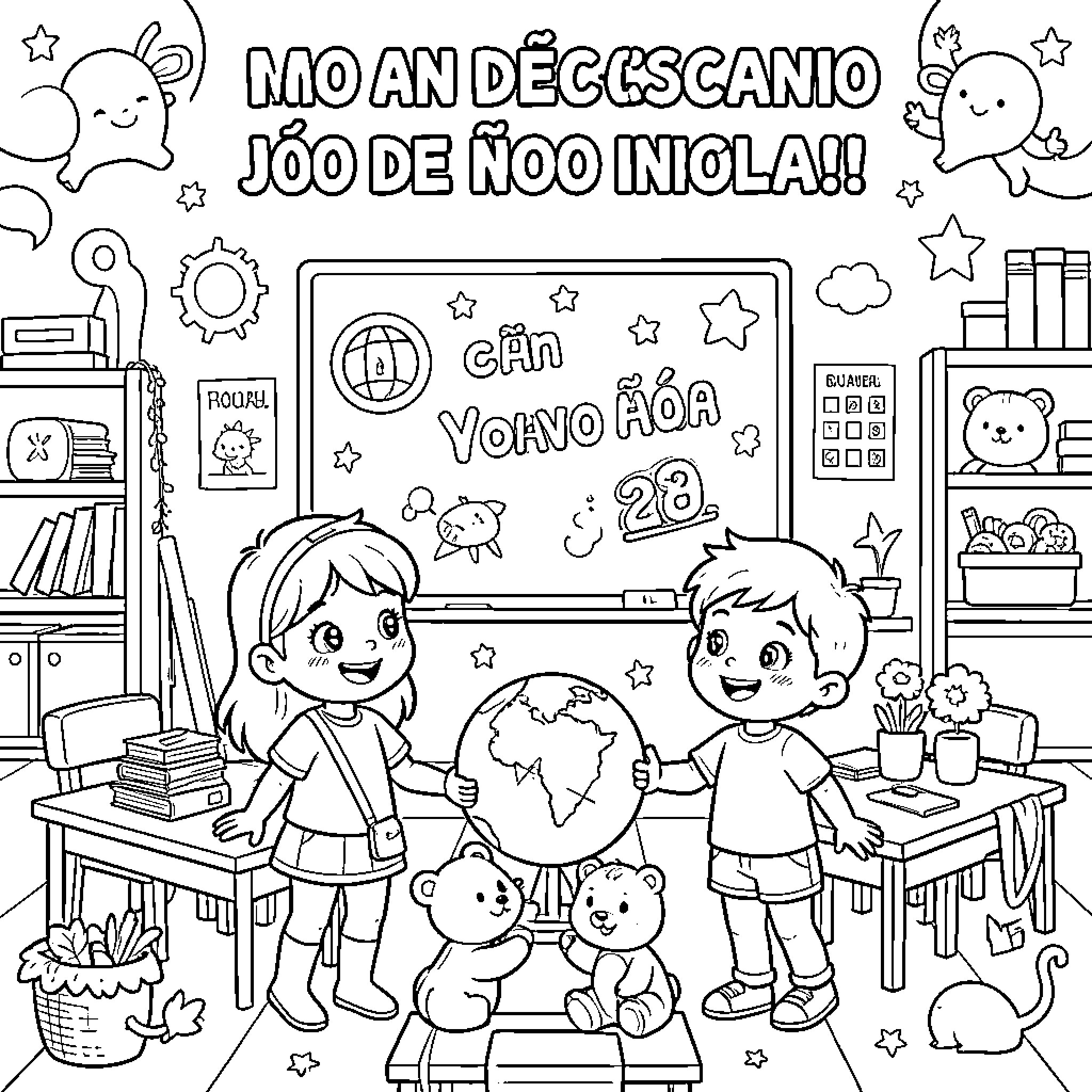 Inicio children presenting a geography lesson in class Coloring Page (free black-and-white line drawing printable PDF for all, from beginners to advanced learners, including children, teens, adults, and seniors)