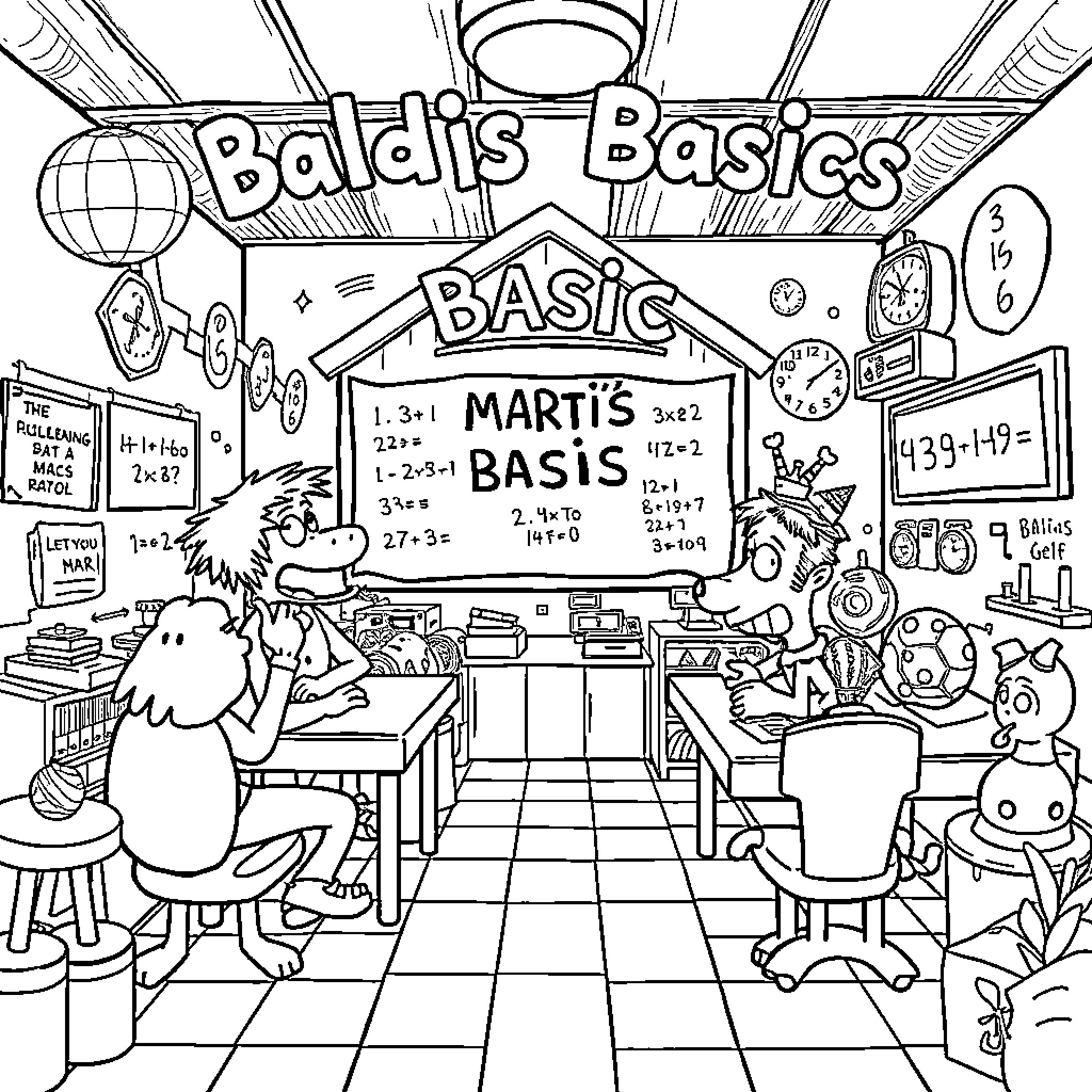 Baldi's Basics Classroom with Educational Scenes Coloring Page (free black-and-white line drawing printable PDF for all, from beginners to advanced learners, including children, teens, adults, and seniors)