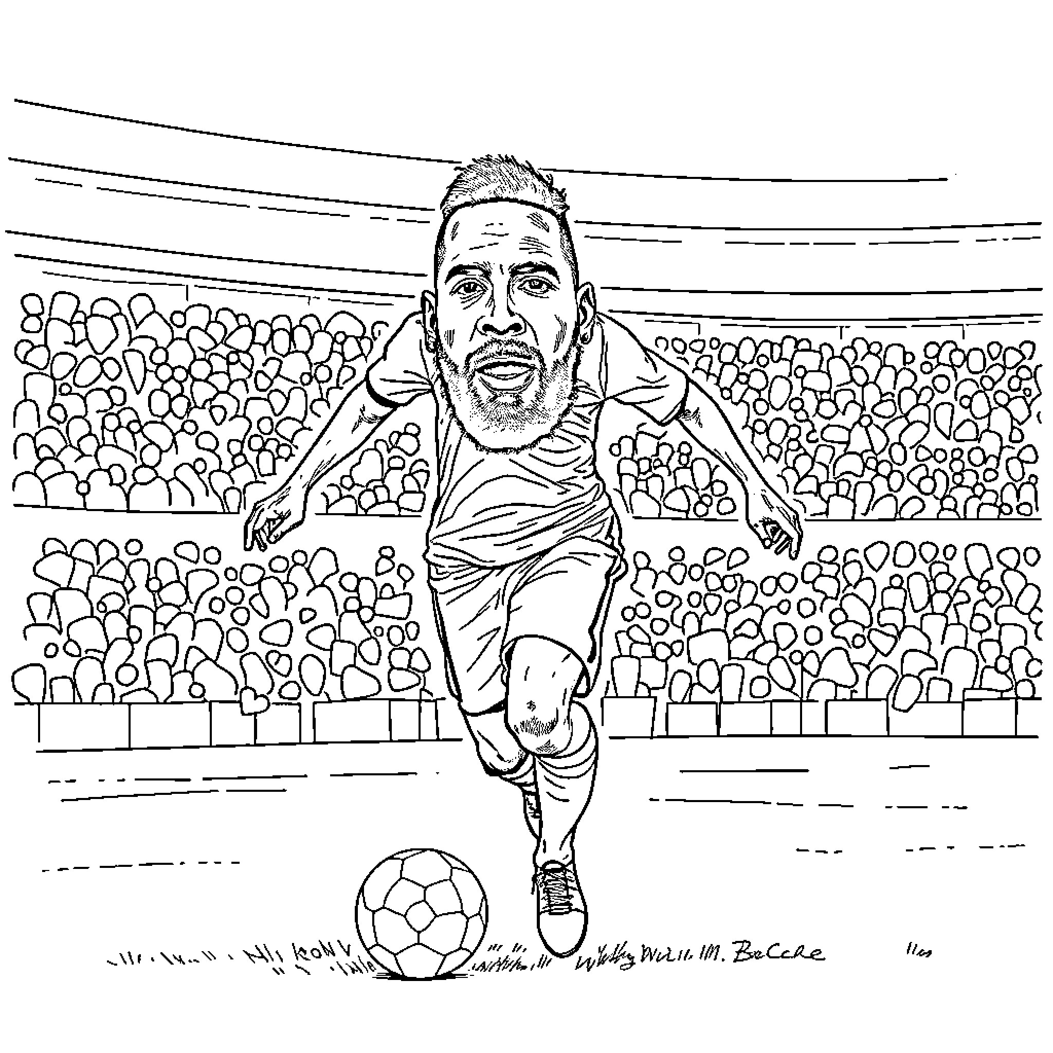 Lucas Radebe playing soccer in a stadium Coloring Page (free black-and-white line drawing printable PDF for all, from beginners to advanced learners, including children, teens, adults, and seniors)