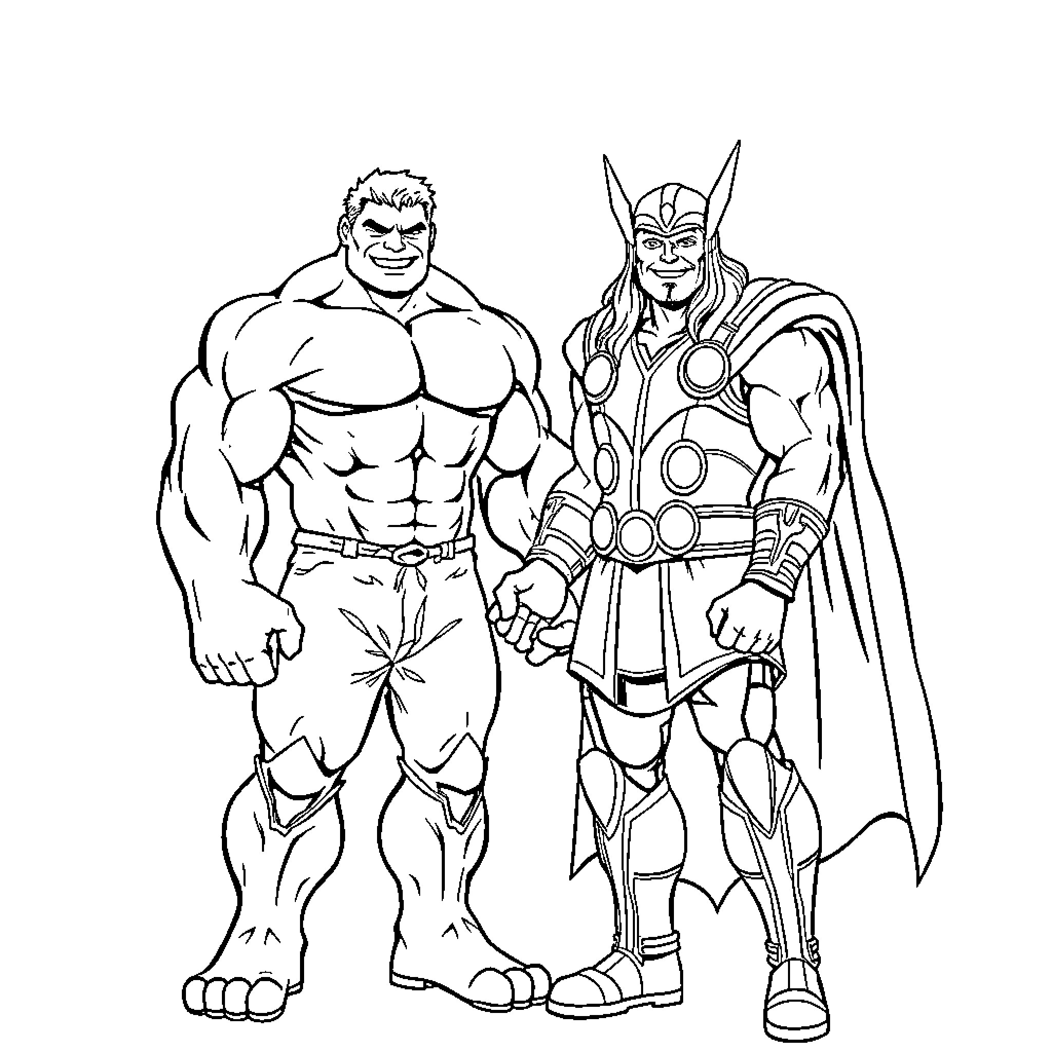 Hulk and Thor in heroic stances Coloring Page (free black-and-white line drawing printable PDF for all, from beginners to advanced learners, including children, teens, adults, and seniors)