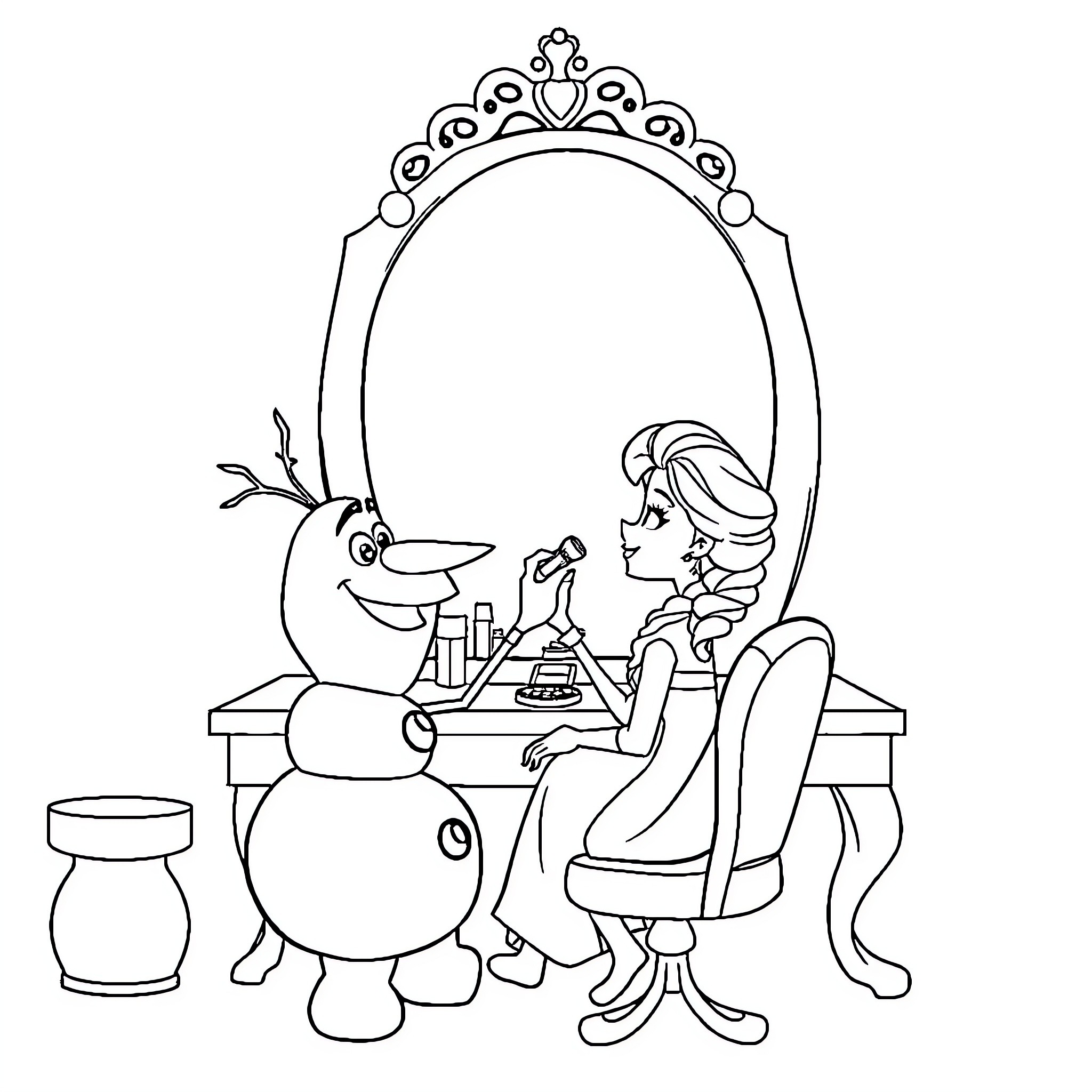 Olaf and princess having tea party Coloring Page (free black-and-white line drawing printable PDF for all, from beginners to advanced learners, including children, teens, adults, and seniors)