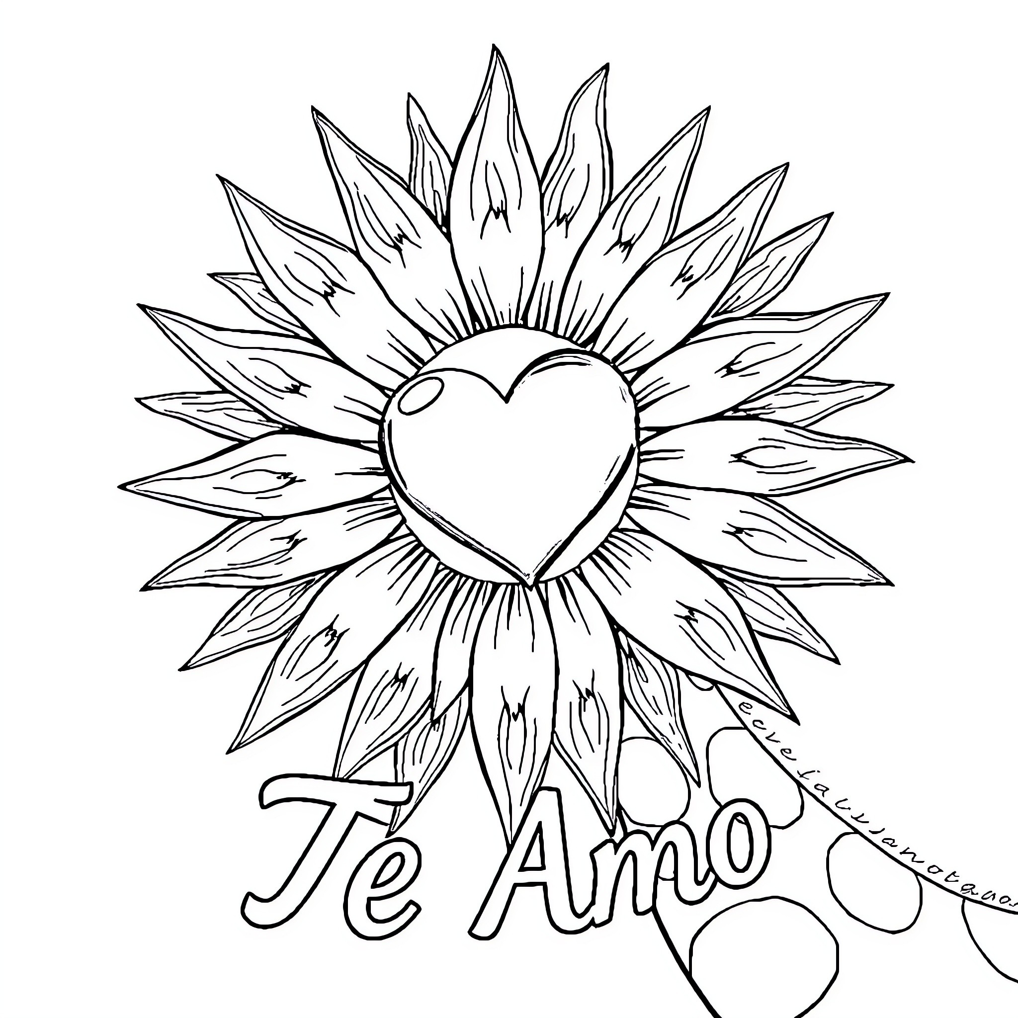 Girasol with heart center and 'Te Amo' text Coloring Page (free black-and-white line drawing printable PDF for all, from beginners to advanced learners, including children, teens, adults, and seniors)