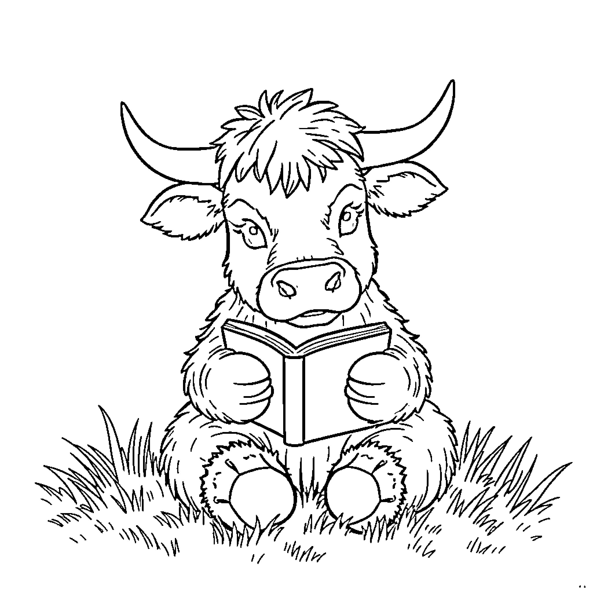 Cow reading a book in the field Coloring Page (free black-and-white line drawing printable PDF for all, from beginners to advanced learners, including children, teens, adults, and seniors)