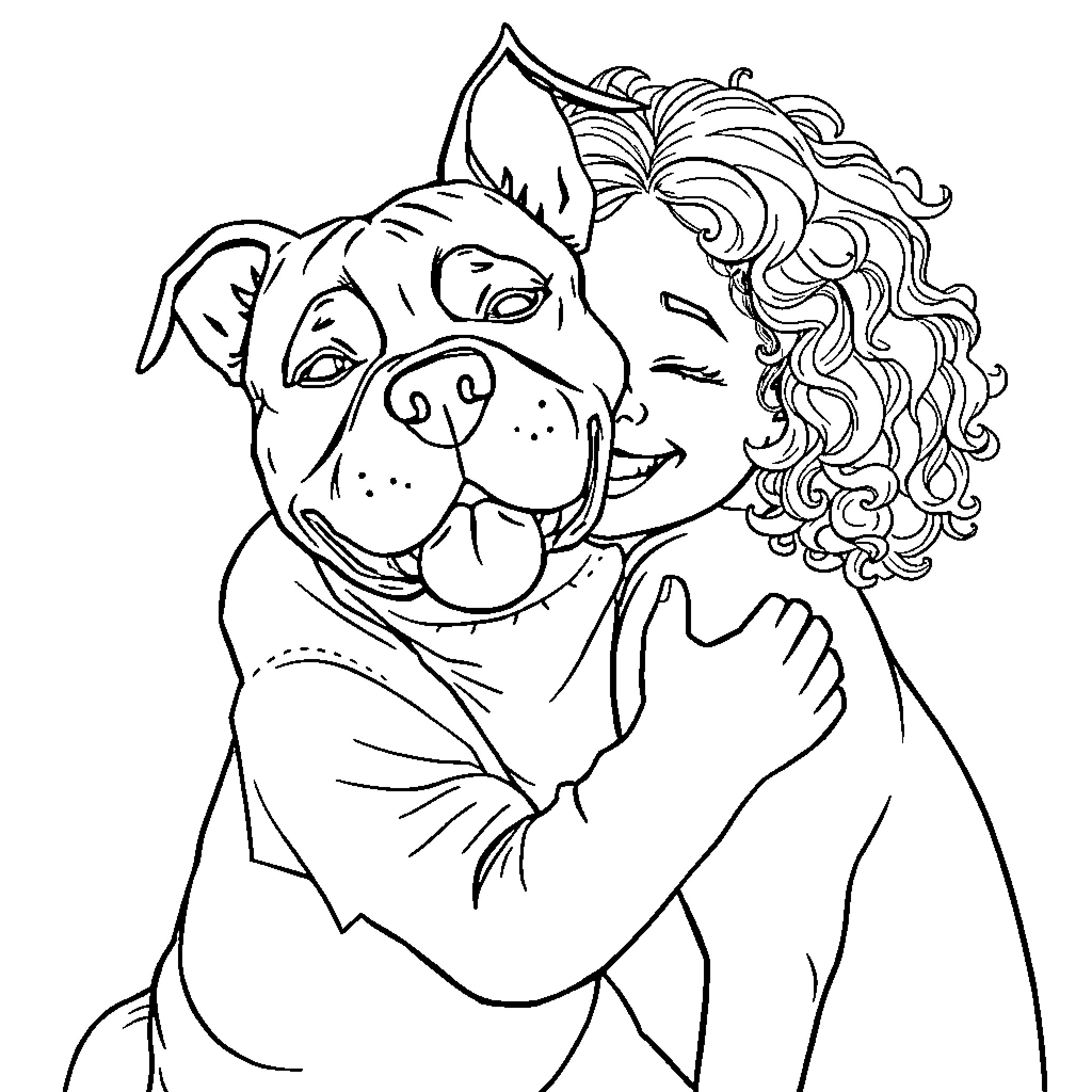Pitbull lovingly embracing a smiling child Coloring Page (free black-and-white line drawing printable PDF for all, from beginners to advanced learners, including children, teens, adults, and seniors)