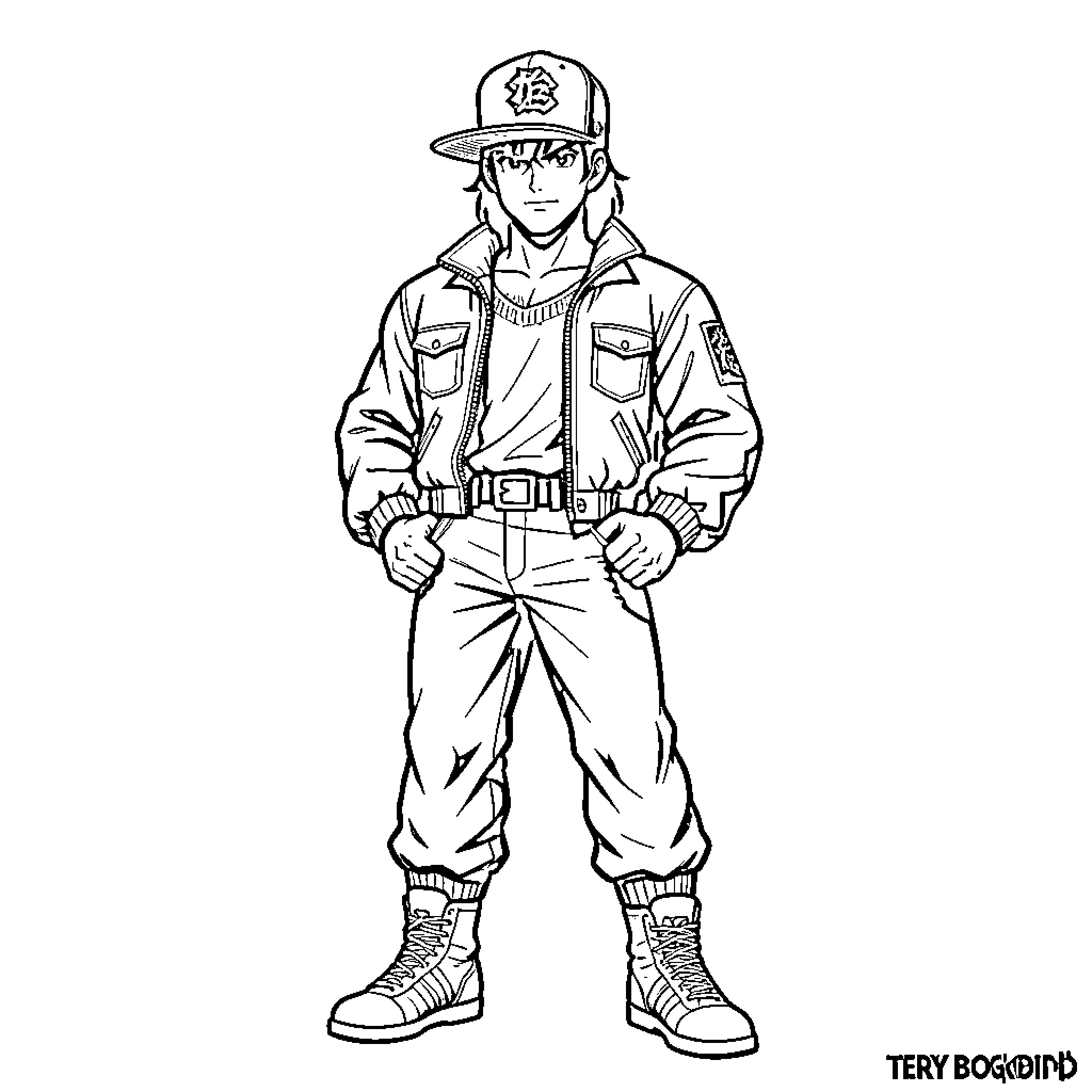 Terry Bogard standing confidently in casual fighting attire Coloring Page (free black-and-white line drawing printable PDF for all, from beginners to advanced learners, including children, teens, adults, and seniors)