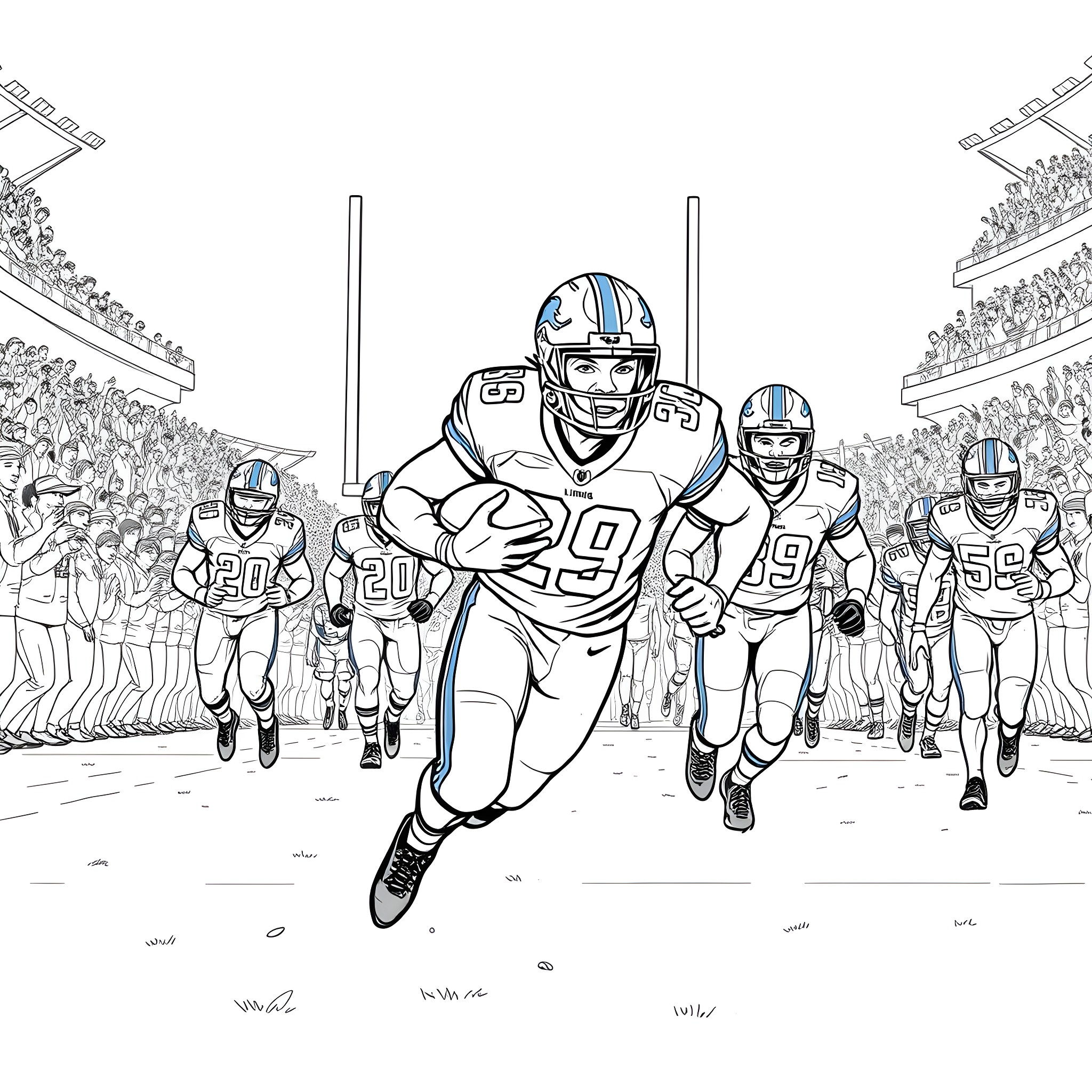 Lions rushing onto the football field in action Coloring Page (free black-and-white line drawing printable PDF for all, from beginners to advanced learners, including children, teens, adults, and seniors)