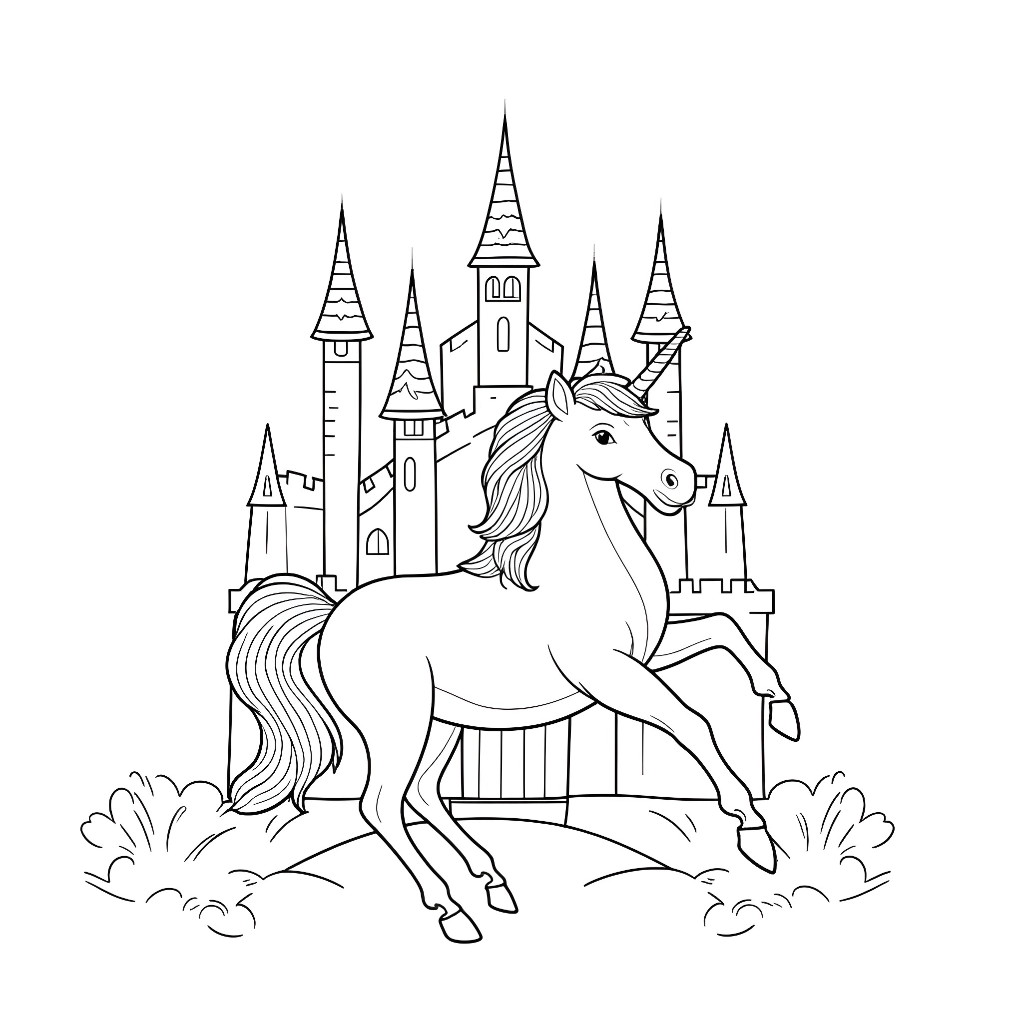 Unicorn prancing before a magical castle Coloring Page (free black-and-white line drawing printable PDF for all, from beginners to advanced learners, including children, teens, adults, and seniors)