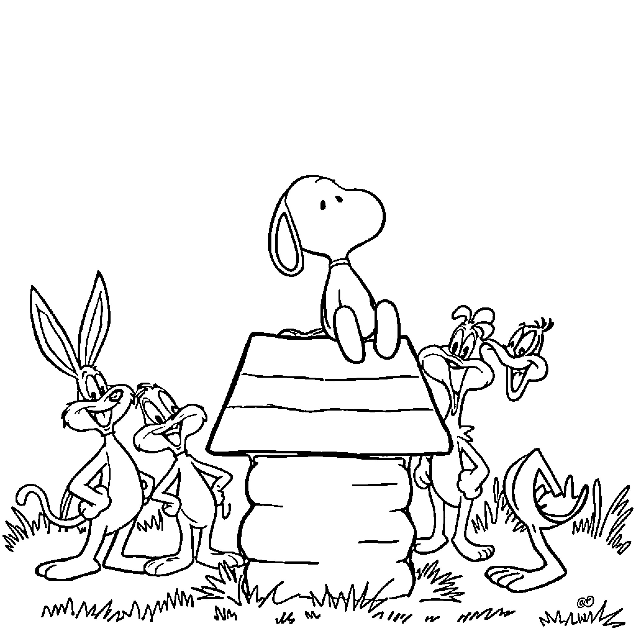Snoopy and friends having fun outdoors Coloring Page (free black-and-white line drawing printable PDF for all, from beginners to advanced learners, including children, teens, adults, and seniors)