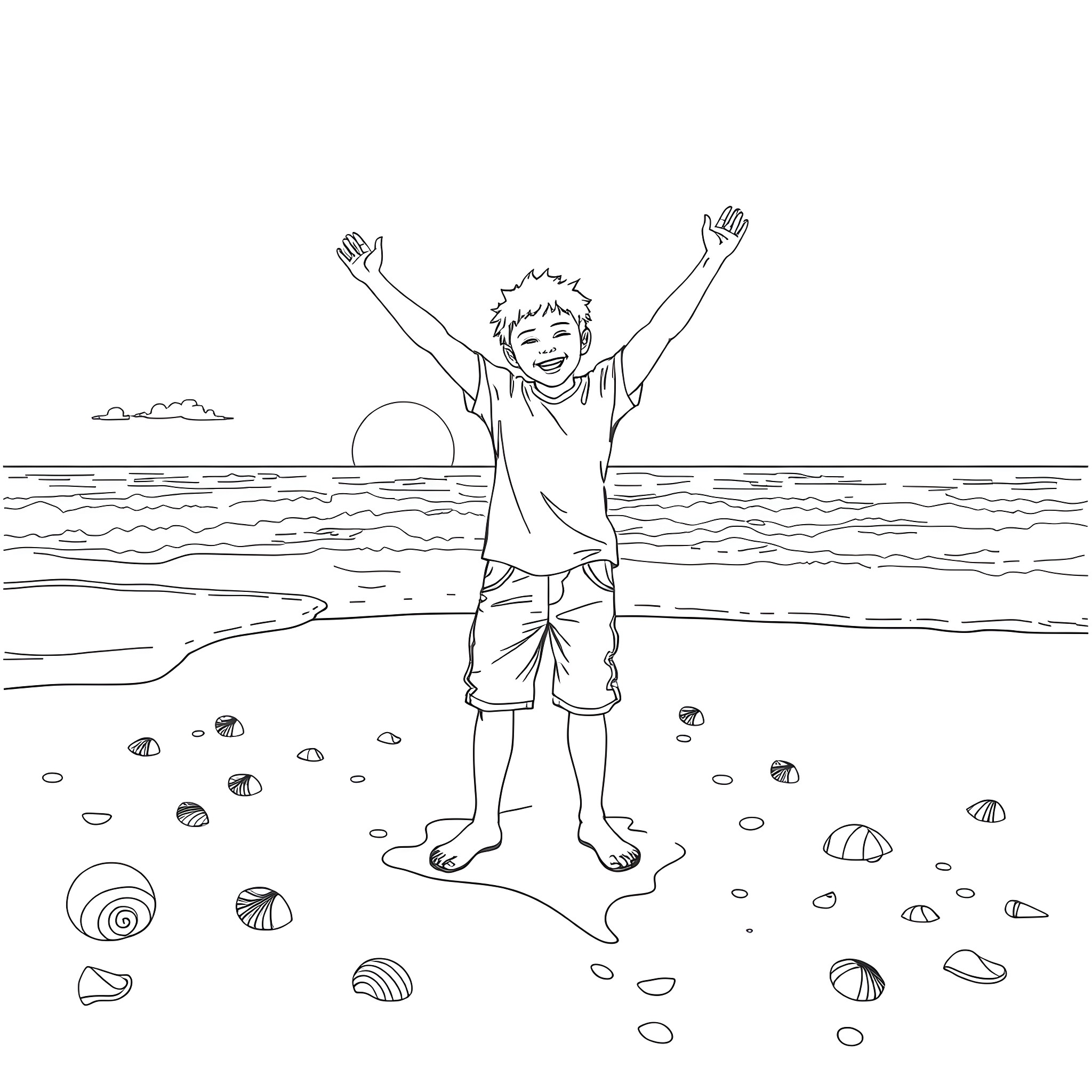 Teen boy joyfully embracing the sun at the beach Coloring Page (free black-and-white line drawing printable PDF for all, from beginners to advanced learners, including children, teens, adults, and seniors)