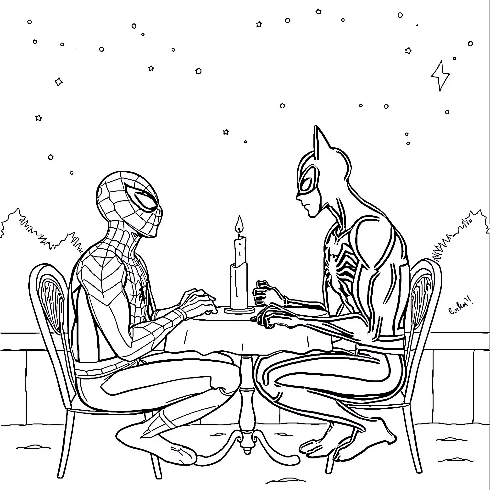 Spiderman enjoying a quiet evening with friend Coloring Page (free black-and-white line drawing printable PDF for all, from beginners to advanced learners, including children, teens, adults, and seniors)