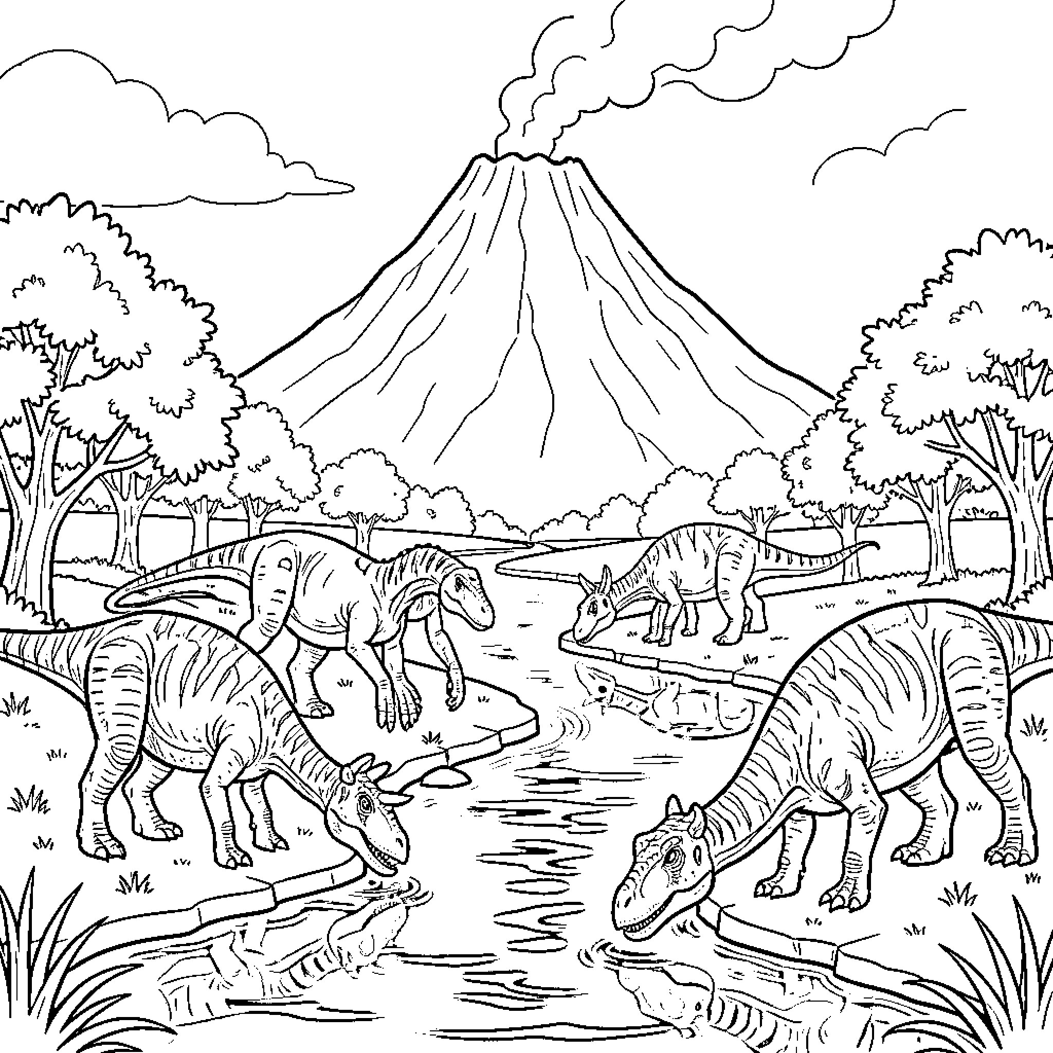 Dinosaurs roaming in prehistoric landscape Coloring Page (free black-and-white line drawing printable PDF for all, from beginners to advanced learners, including children, teens, adults, and seniors)