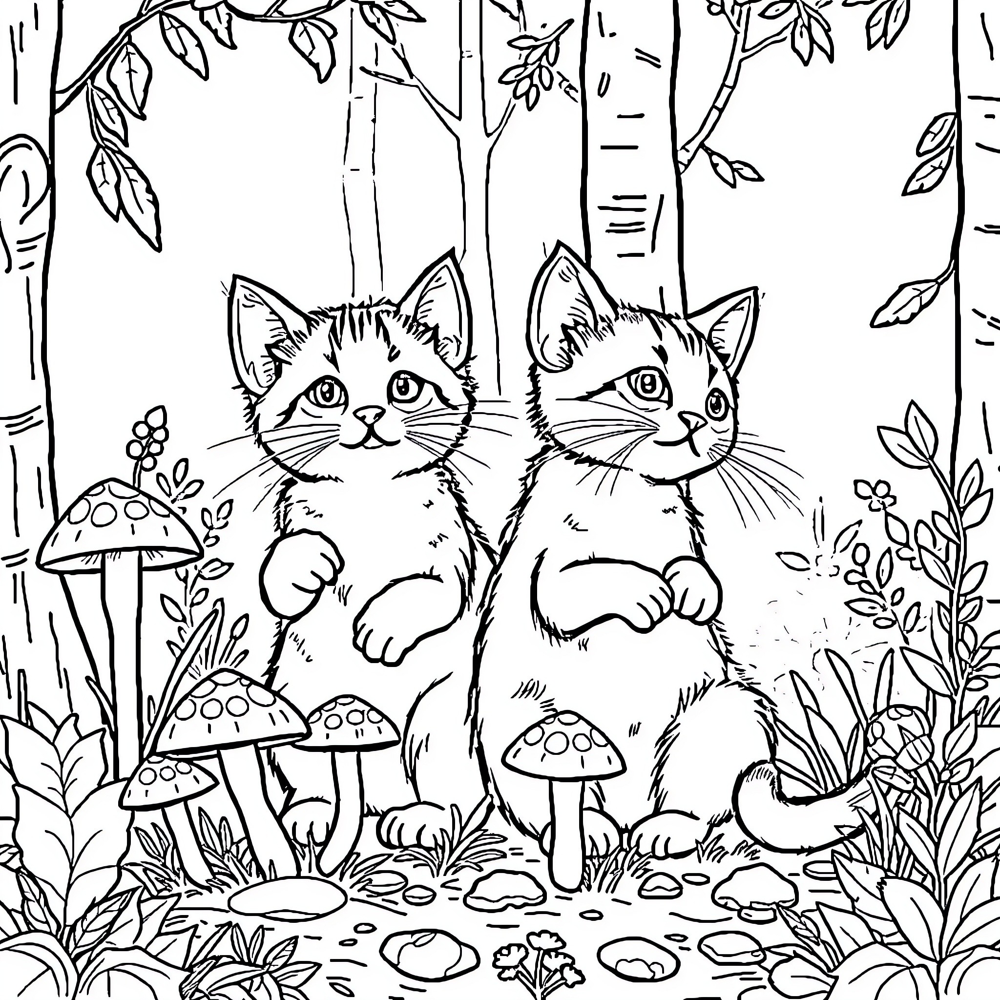Cats Exploring the Enchanted Forest Coloring Page (free black-and-white line drawing printable PDF for all, from beginners to advanced learners, including children, teens, adults, and seniors)