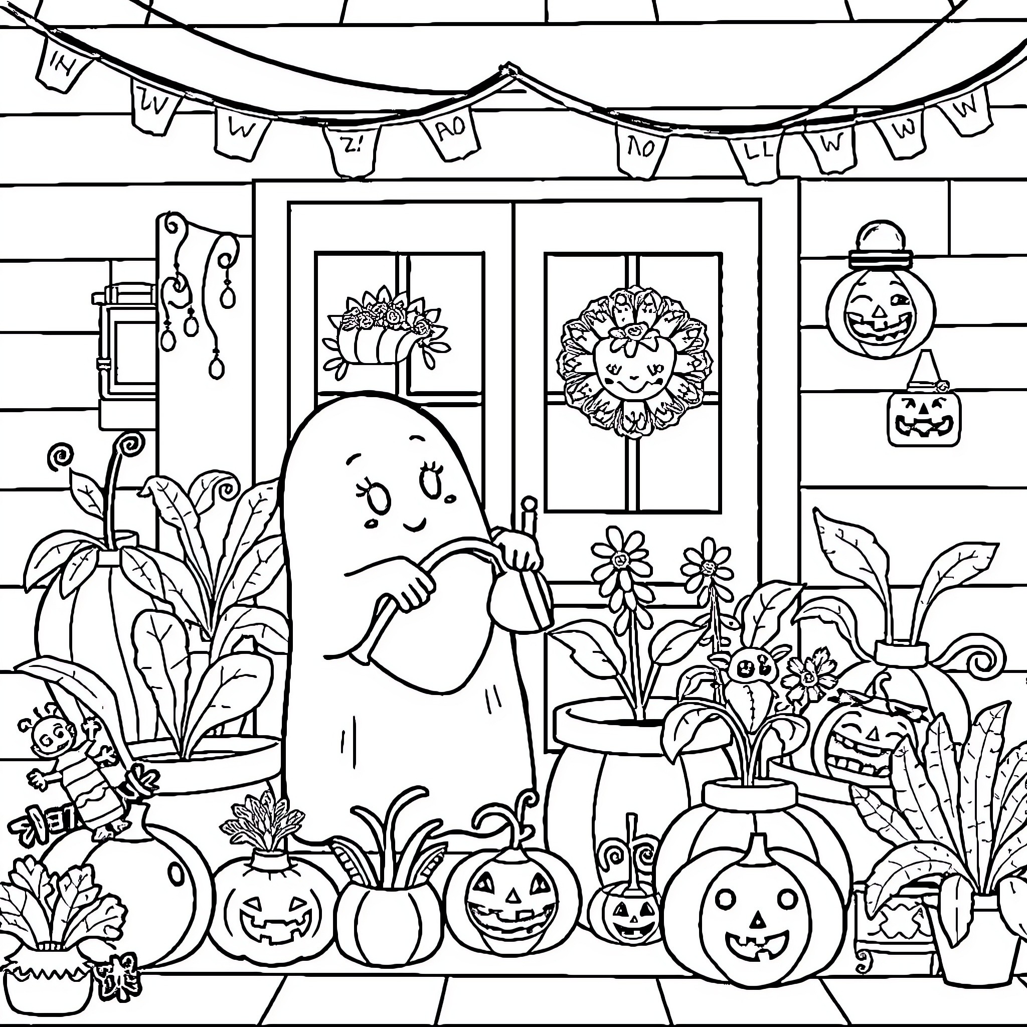 Ghost enjoying festive Halloween decorations and plants Coloring Page (free black-and-white line drawing printable PDF for all, from beginners to advanced learners, including children, teens, adults, and seniors)