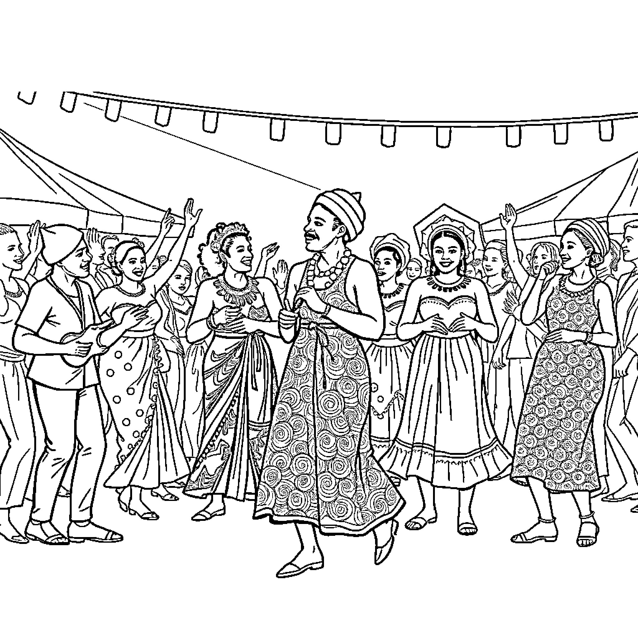 Ghana Celebration with Traditional Attire and Festivities Coloring Page (free black-and-white line drawing printable PDF for all, from beginners to advanced learners, including children, teens, adults, and seniors)