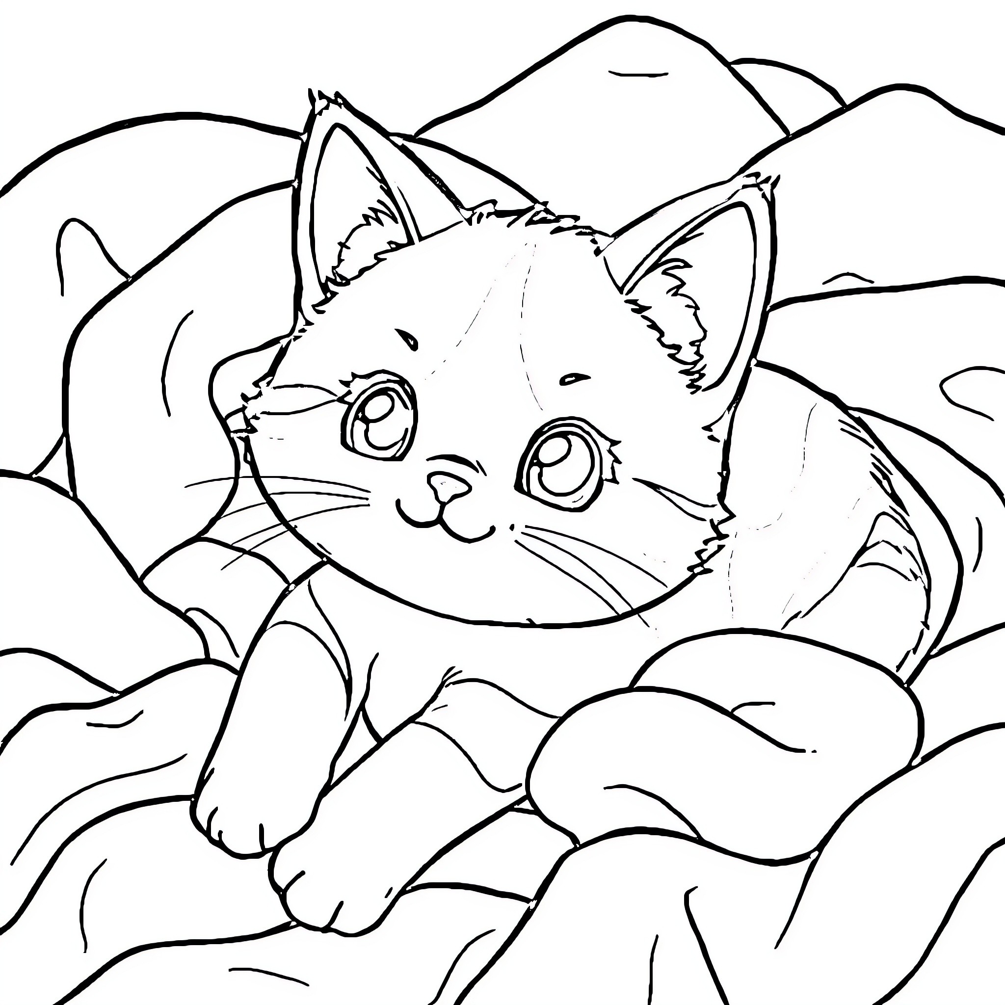 Calico Cat playing in the clouds Coloring Page (free black-and-white line drawing printable PDF for all, from beginners to advanced learners, including children, teens, adults, and seniors)