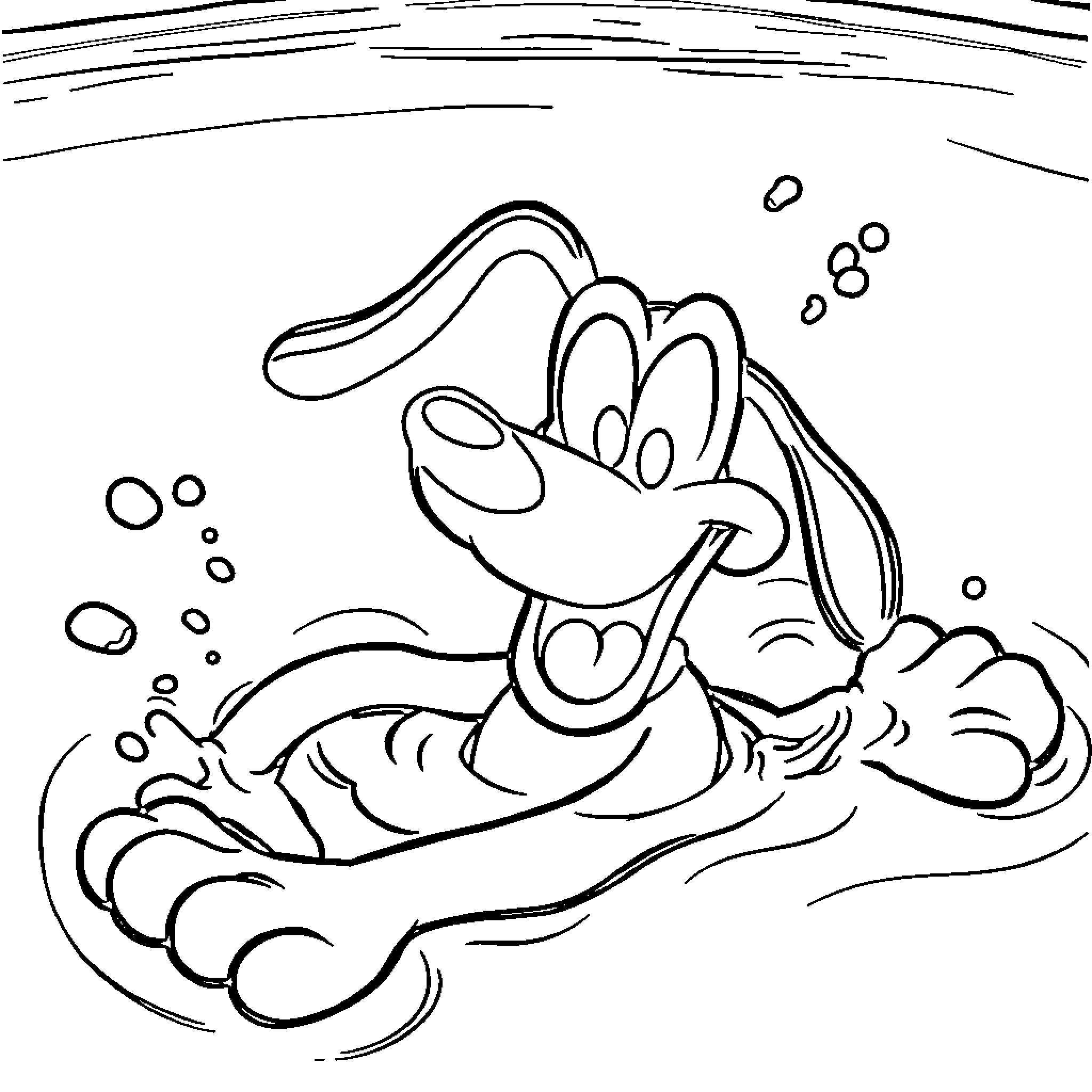 Pluto floating and swimming in the ocean Coloring Page (free black-and-white line drawing printable PDF for all, from beginners to advanced learners, including children, teens, adults, and seniors)