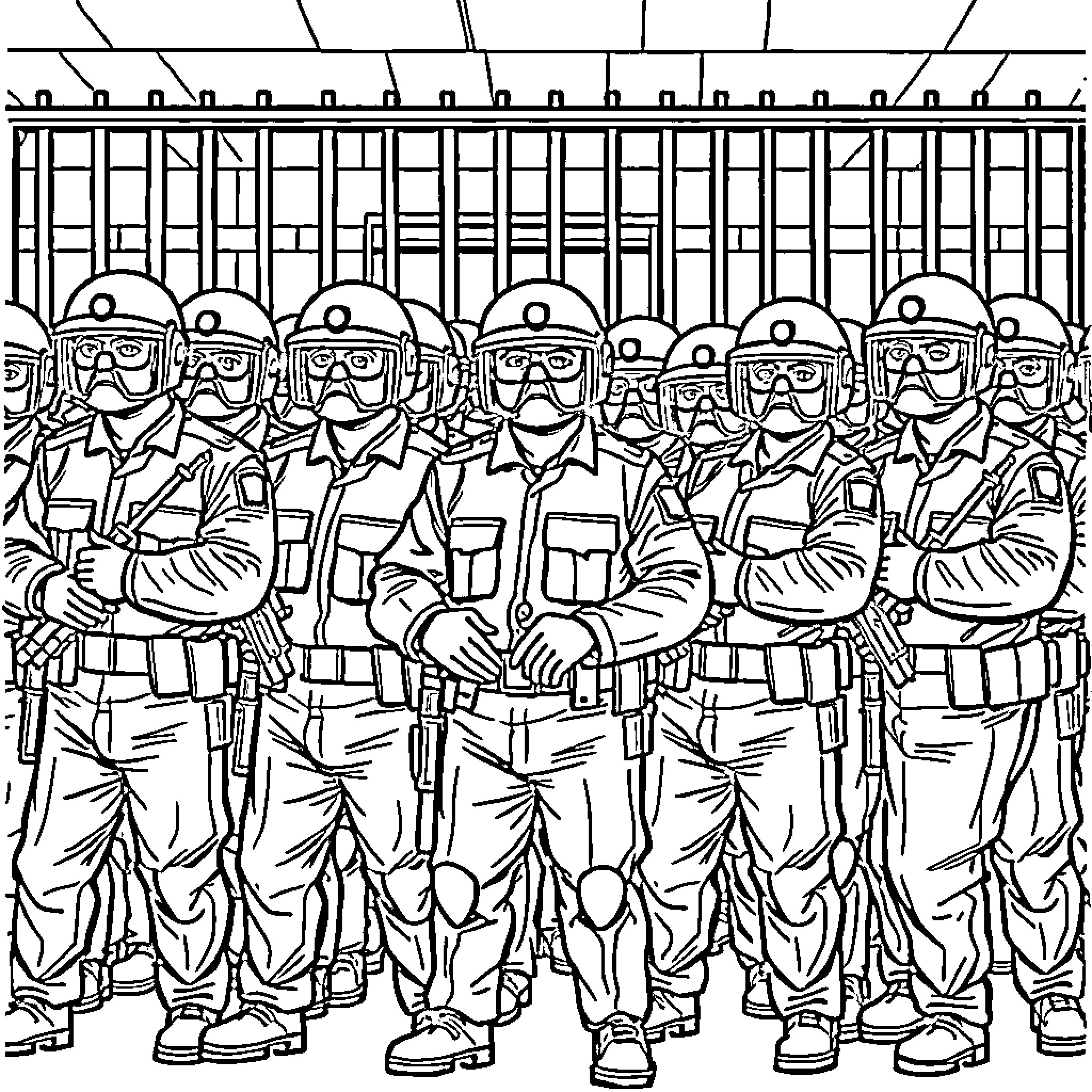 Guard unit standing at attention in formation Coloring Page (free black-and-white line drawing printable PDF for all, from beginners to advanced learners, including children, teens, adults, and seniors)