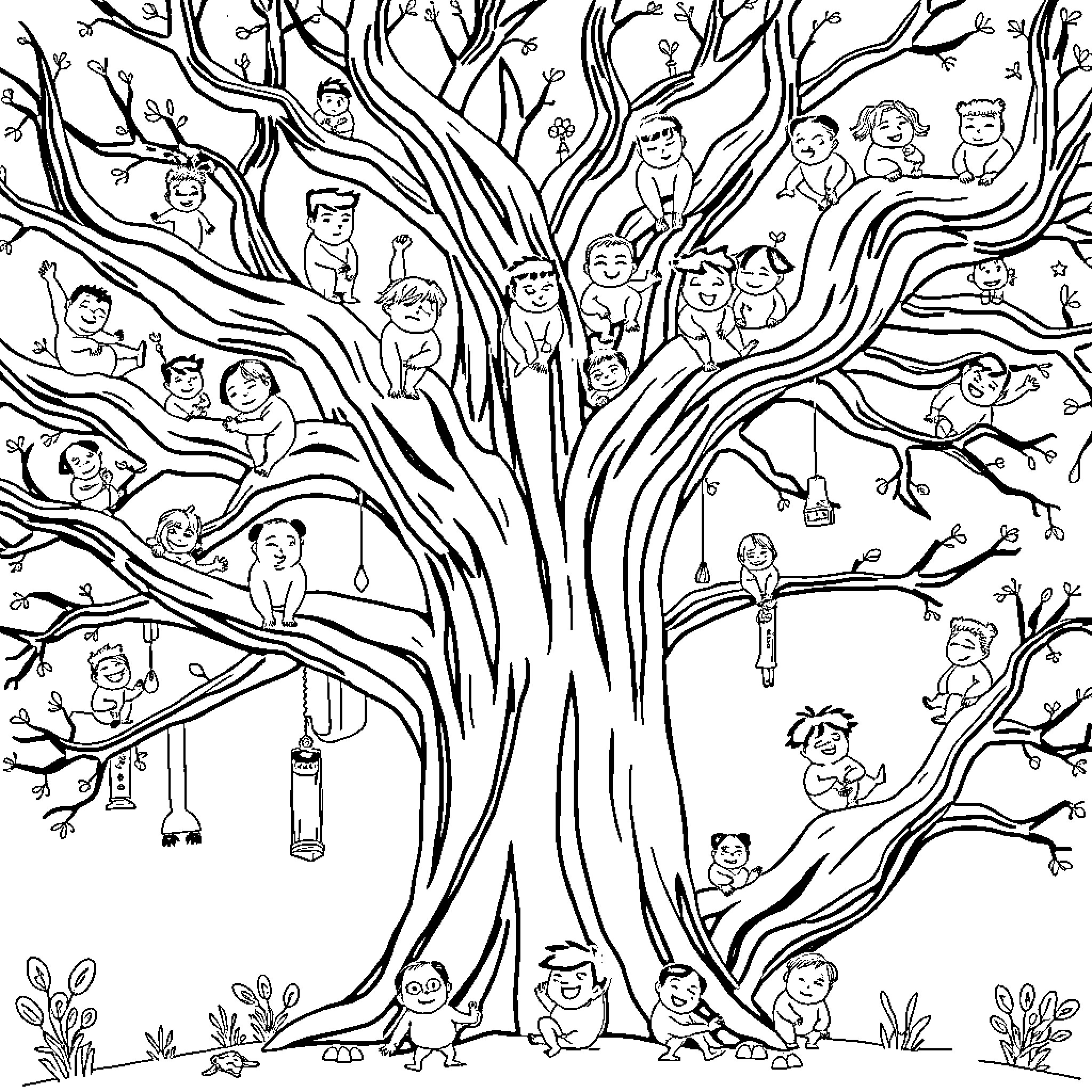 Tree of diverse human expressions and figures Coloring Page (free black-and-white line drawing printable PDF for all, from beginners to advanced learners, including children, teens, adults, and seniors)