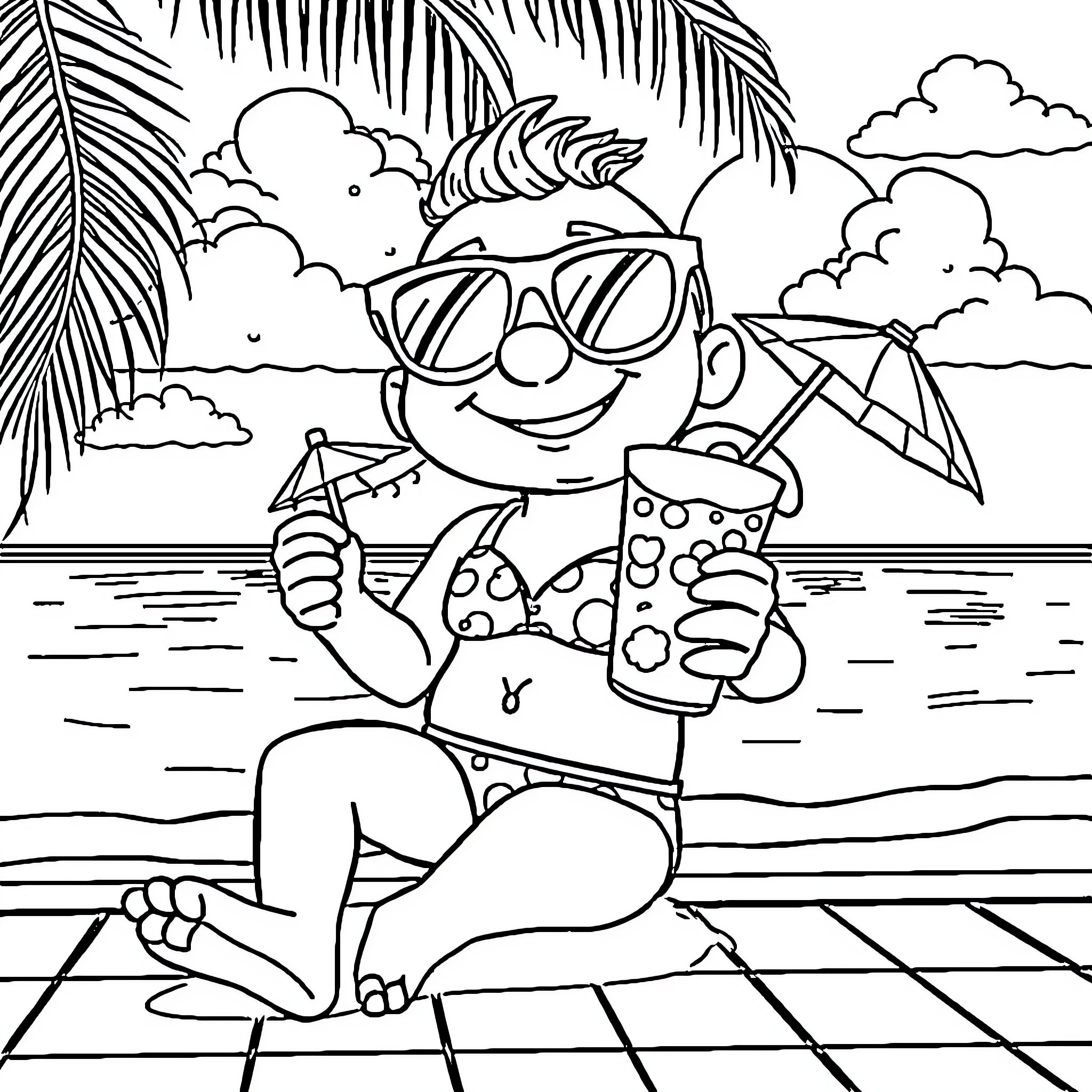 Bobby-o Enjoying a Tropical Beach Vacation Coloring Page (free black-and-white line drawing printable PDF for all, from beginners to advanced learners, including children, teens, adults, and seniors)