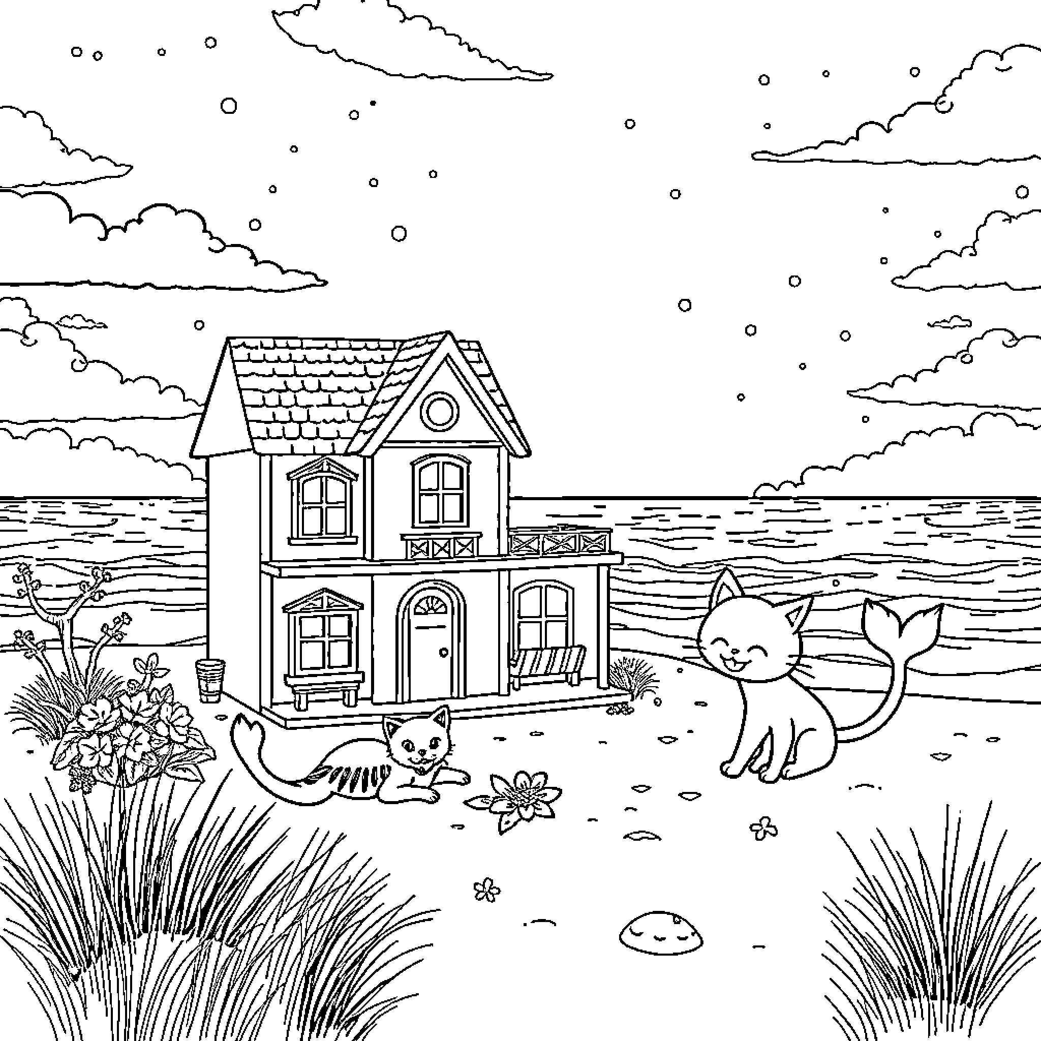 Gabby's Dollhouse: Cozy Cottage by the Sea Coloring Page (free black-and-white line drawing printable PDF for all, from beginners to advanced learners, including children, teens, adults, and seniors)