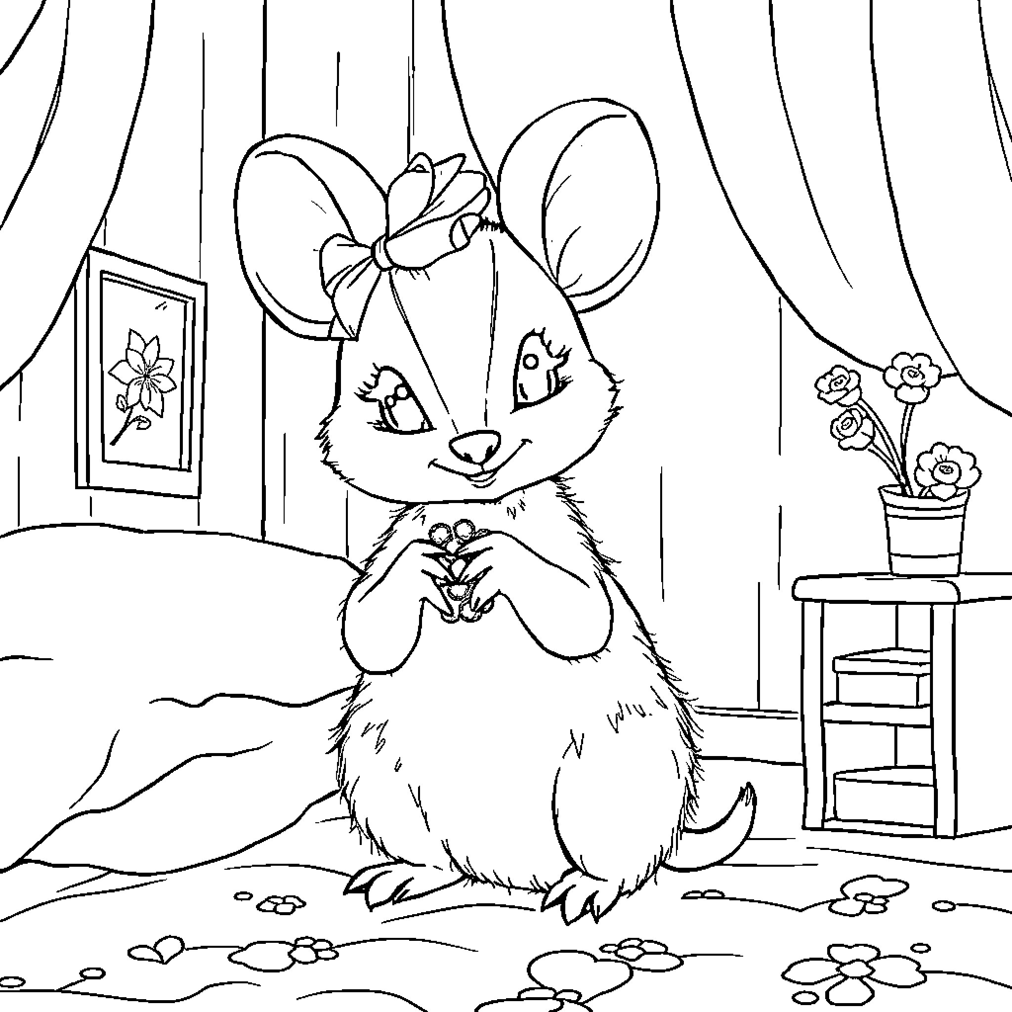 Hermine the curious mouse explores her cozy home Coloring Page (free black-and-white line drawing printable PDF for all, from beginners to advanced learners, including children, teens, adults, and seniors)