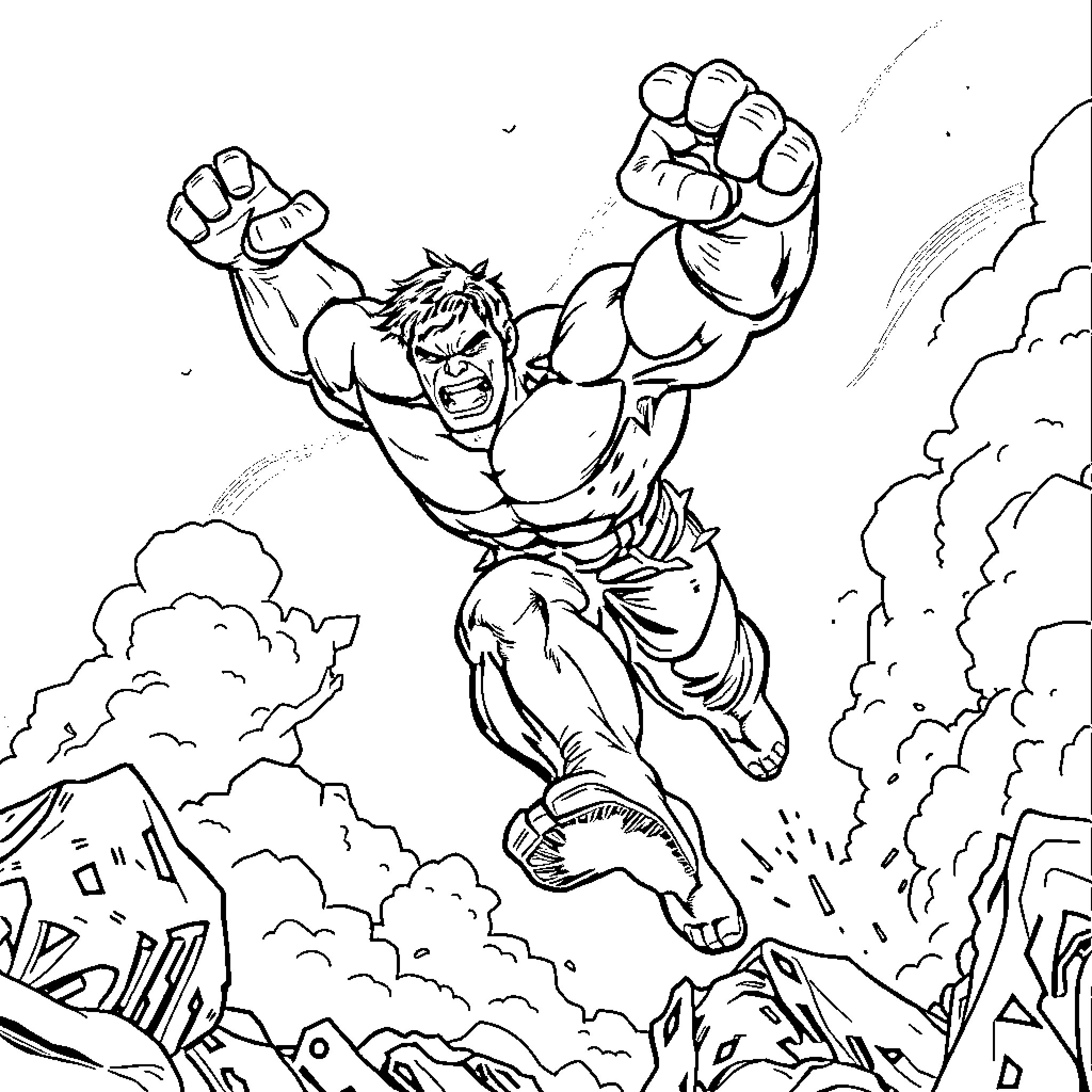 Hulk smashing through the city with fury Coloring Page (free black-and-white line drawing printable PDF for all, from beginners to advanced learners, including children, teens, adults, and seniors)