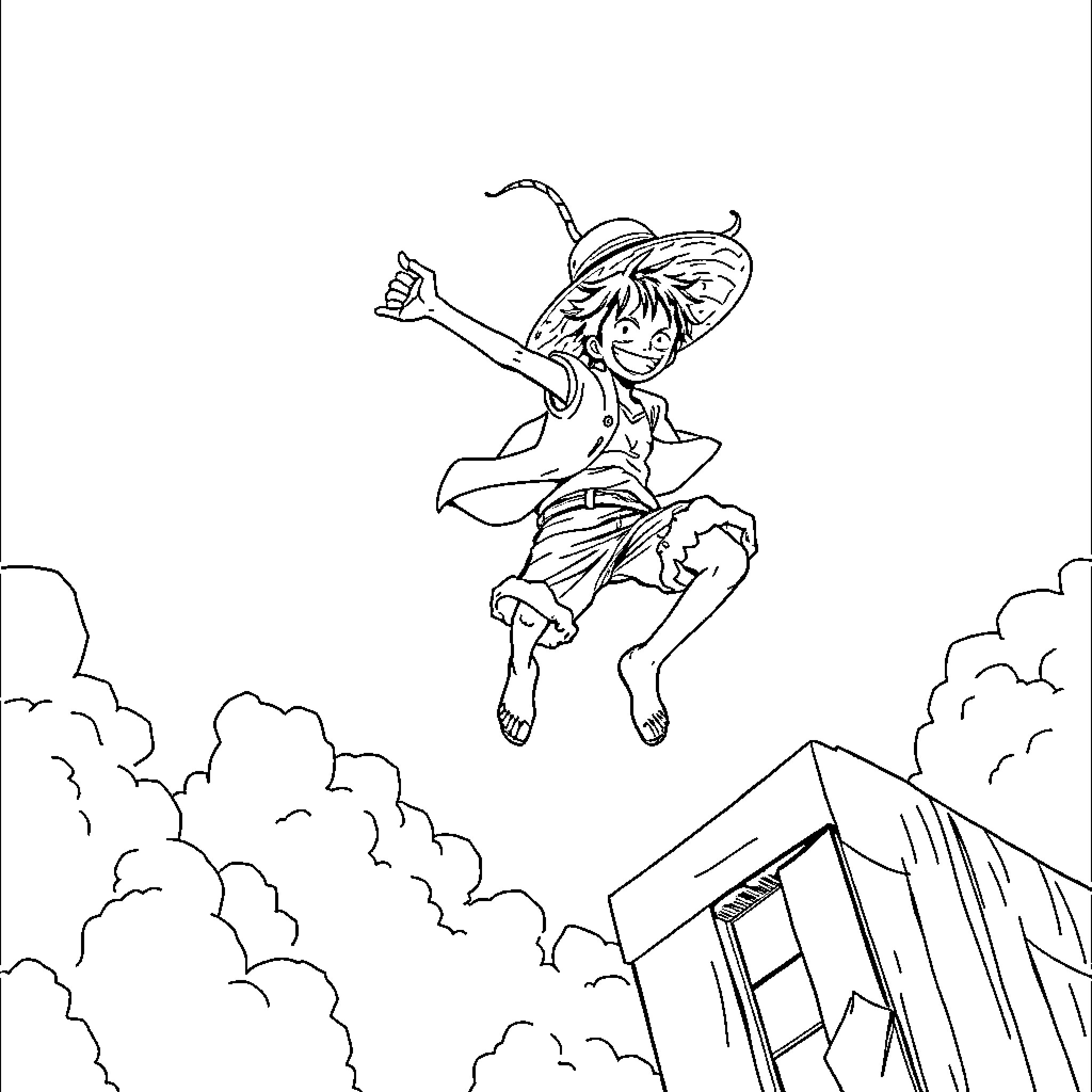 Luffy soars through the sky with determination Coloring Page (free black-and-white line drawing printable PDF for all, from beginners to advanced learners, including children, teens, adults, and seniors)