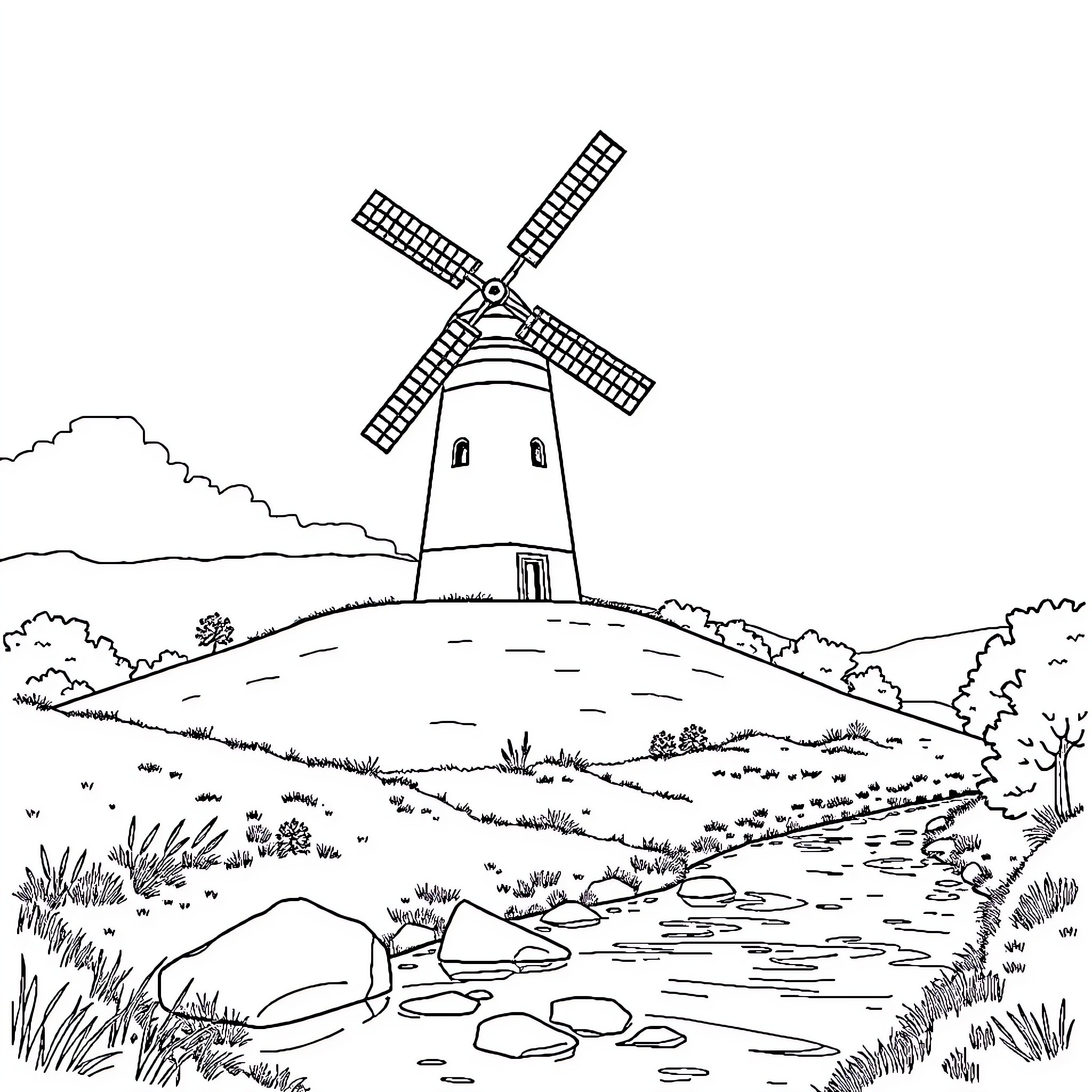 Windmill on a Scenic Countryside Landscape Coloring Page (free black-and-white line drawing printable PDF for all, from beginners to advanced learners, including children, teens, adults, and seniors)